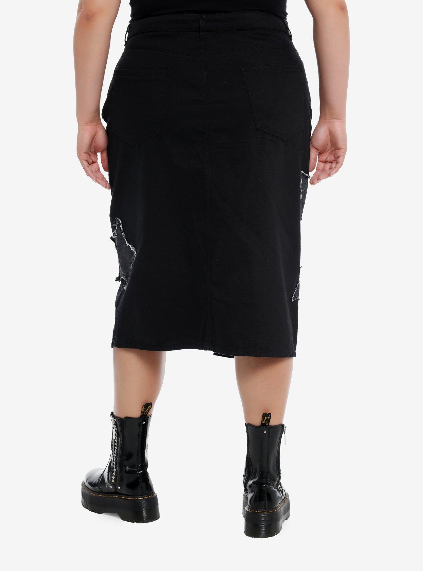 Daisy Street Star Patch Black Denim Midi Skirt Plus Size, , hi-res