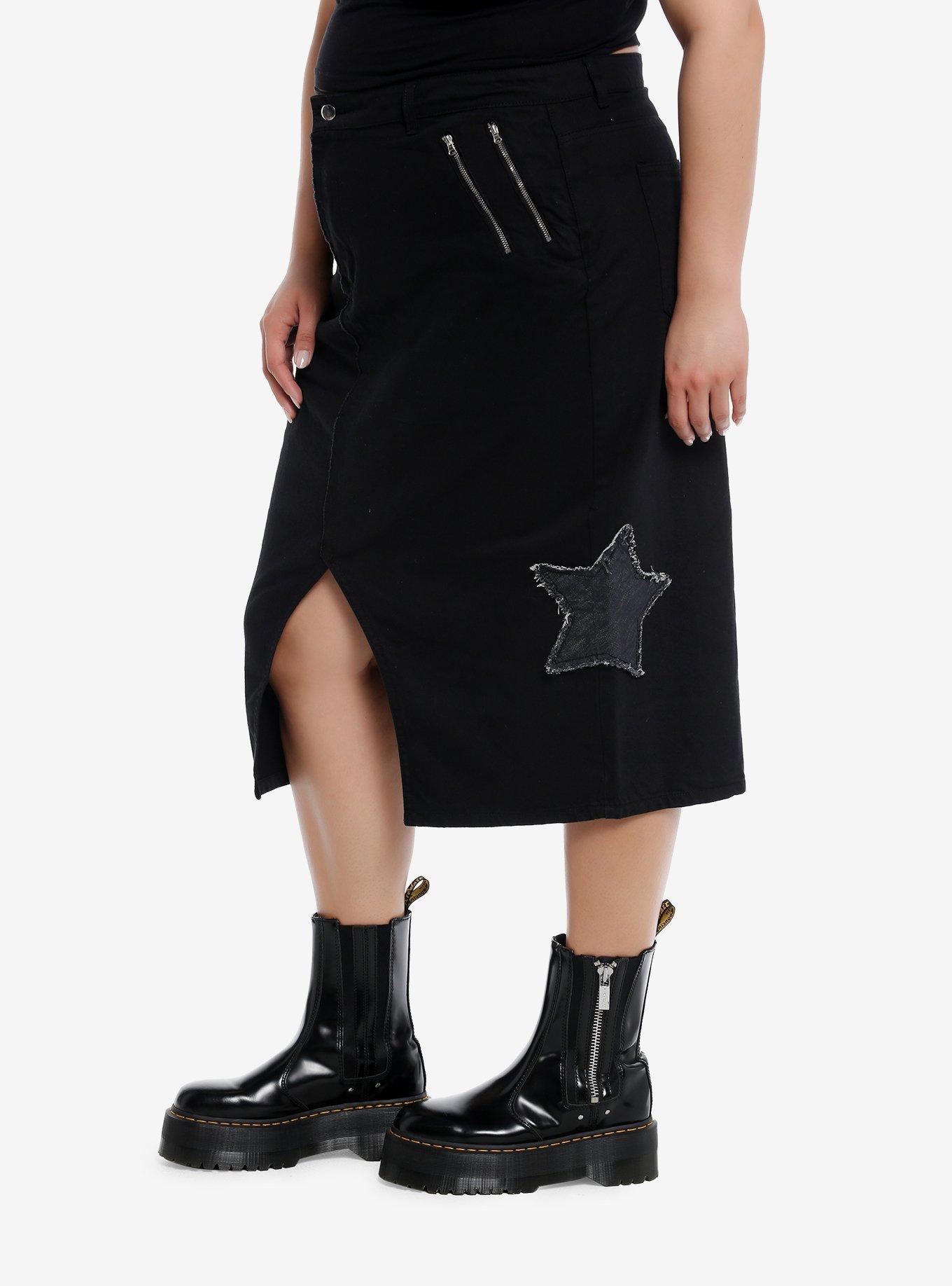 Daisy Street Star Patch Black Denim Midi Skirt Plus