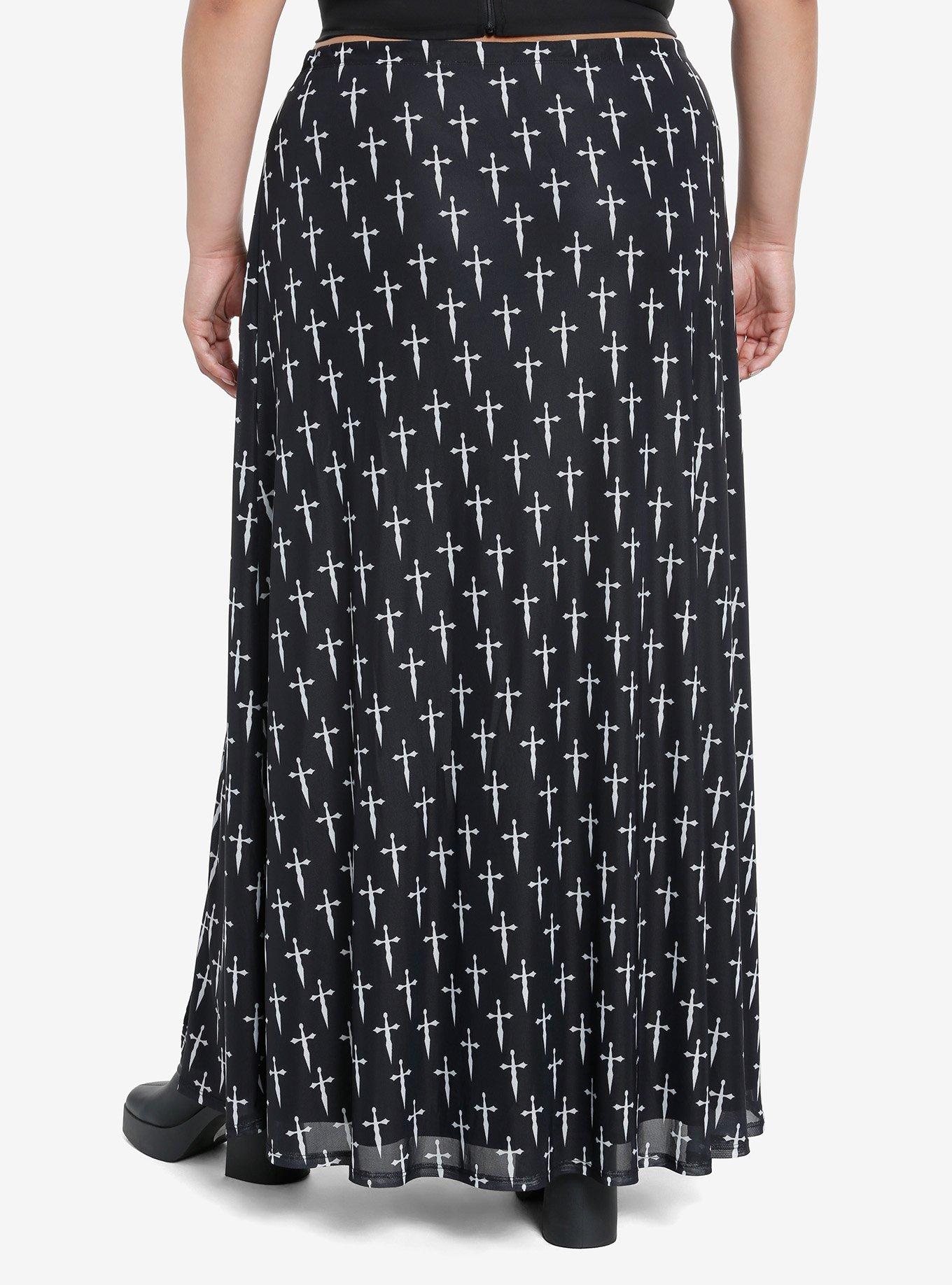 Social Collision Daggers Allover Print Front Slit Maxi Skirt Plus Size, , alternate
