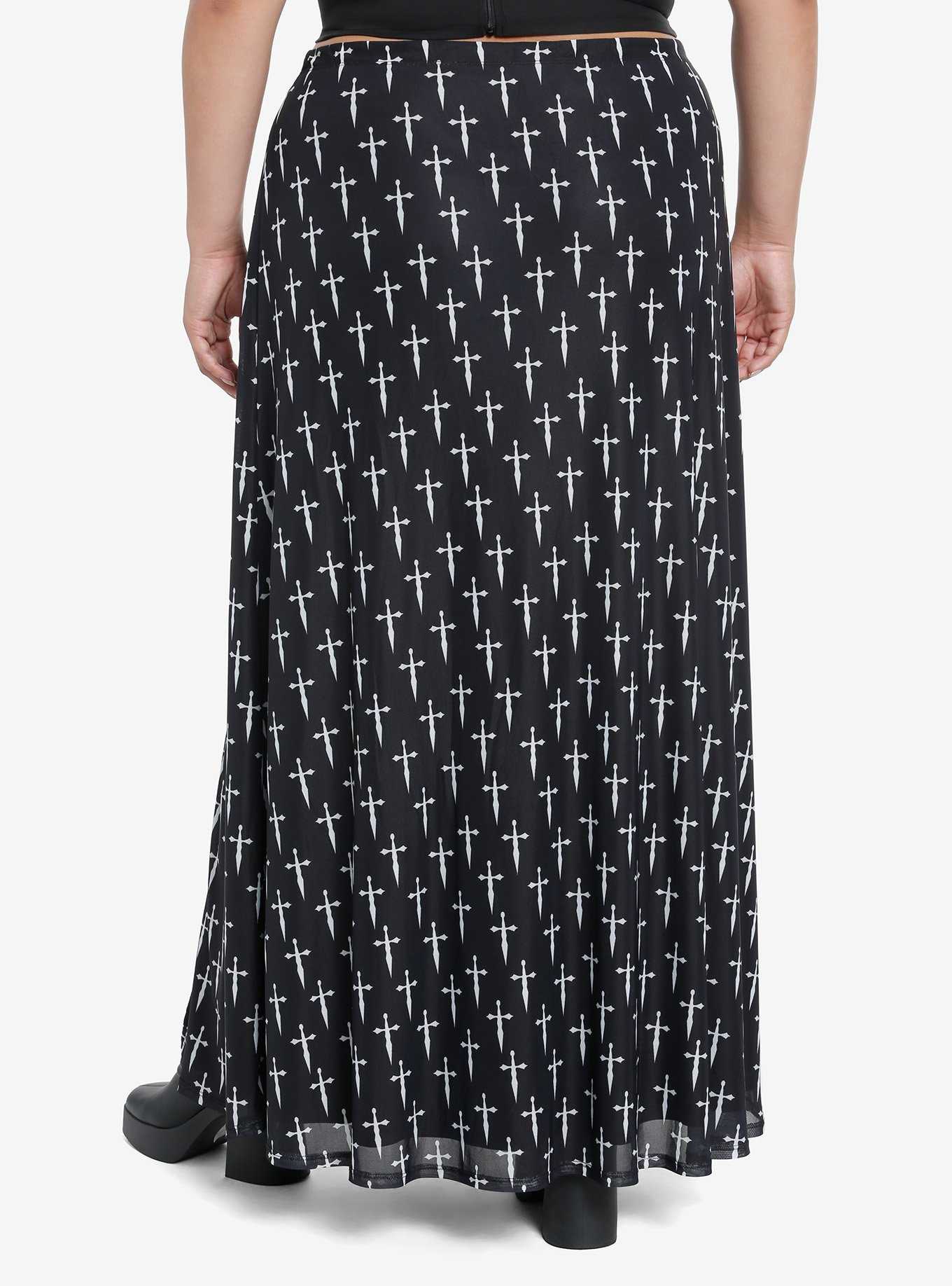 Social Collision Daggers Allover Print Front Slit Maxi Skirt Plus Size, , hi-res