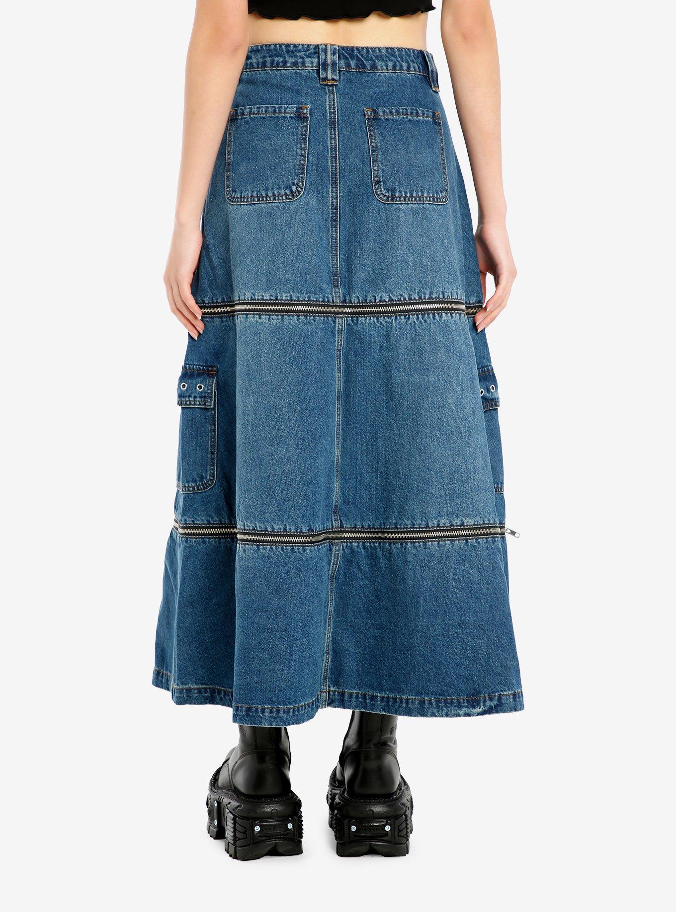 Social Collision Zip-Off Denim Cargo Maxi Skirt, INDIGO, alternate