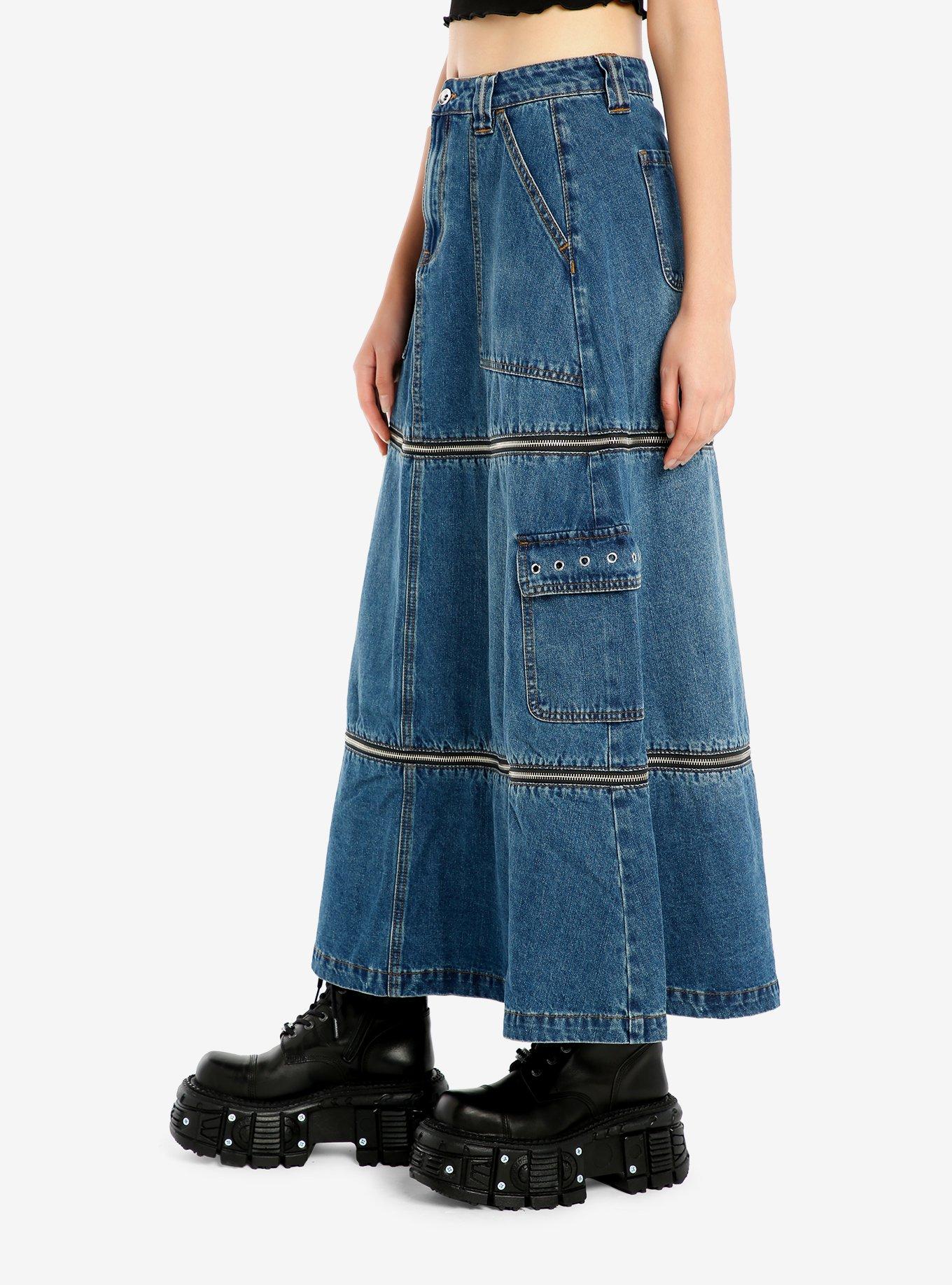 Social Collision Zip-Off Denim Cargo Maxi Skirt, INDIGO, alternate