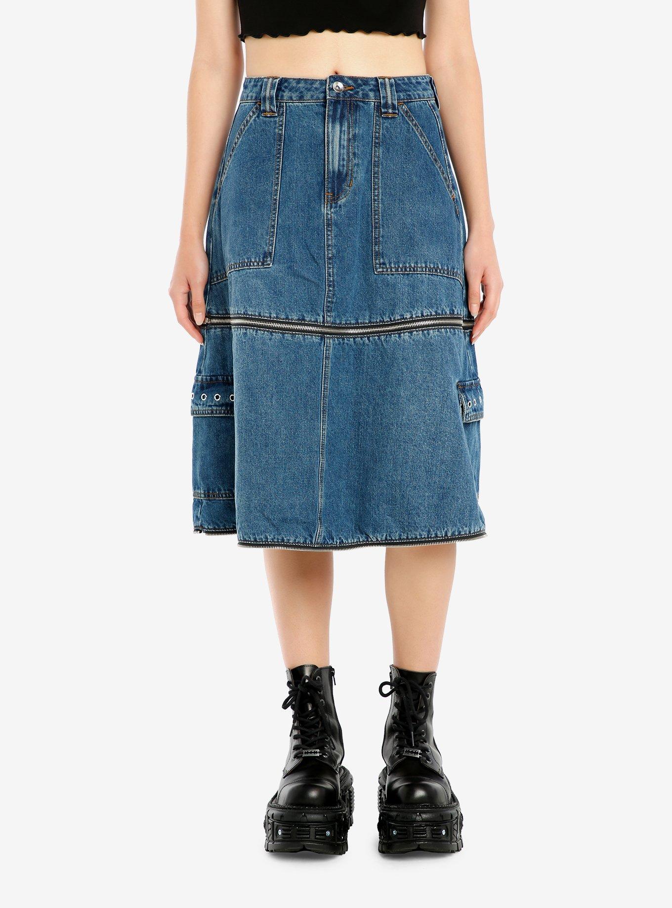 Social Collision Zip-Off Denim Cargo Maxi Skirt, INDIGO, alternate