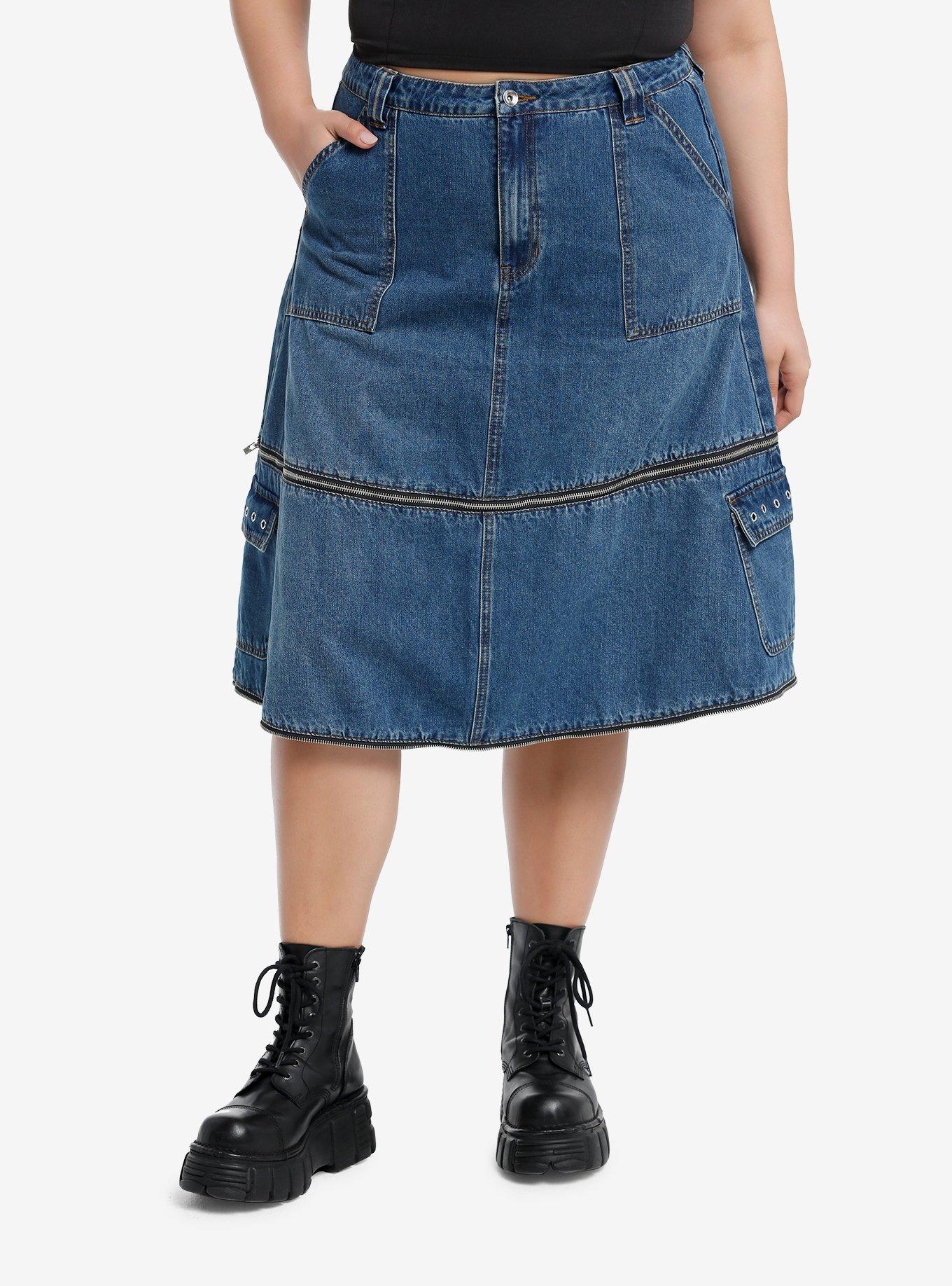 Social Collision Zip-Off Denim Cargo Maxi Skirt Plus Size, INDIGO, alternate