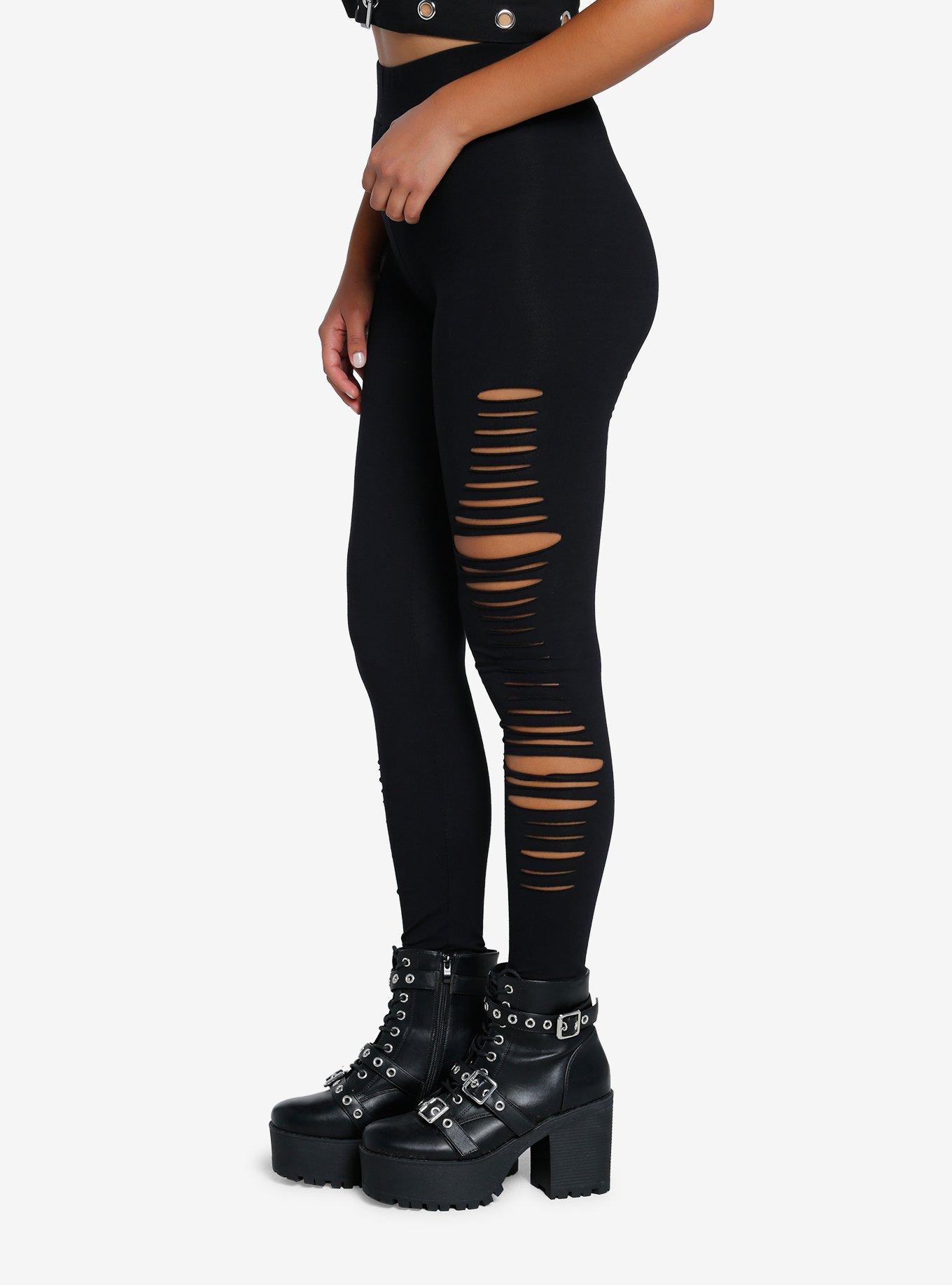 Black Side Shredded Leggings, BLACK, alternate