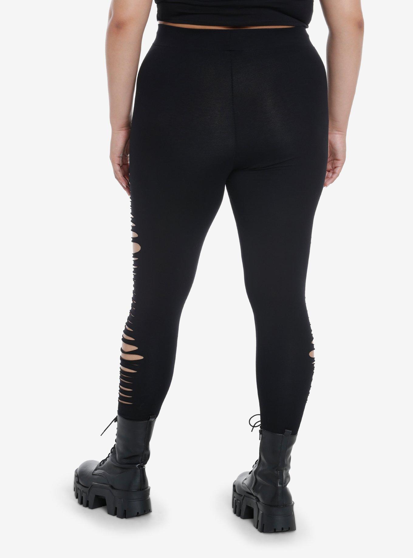 Black Side Shredded Leggings Plus Size, , hi-res