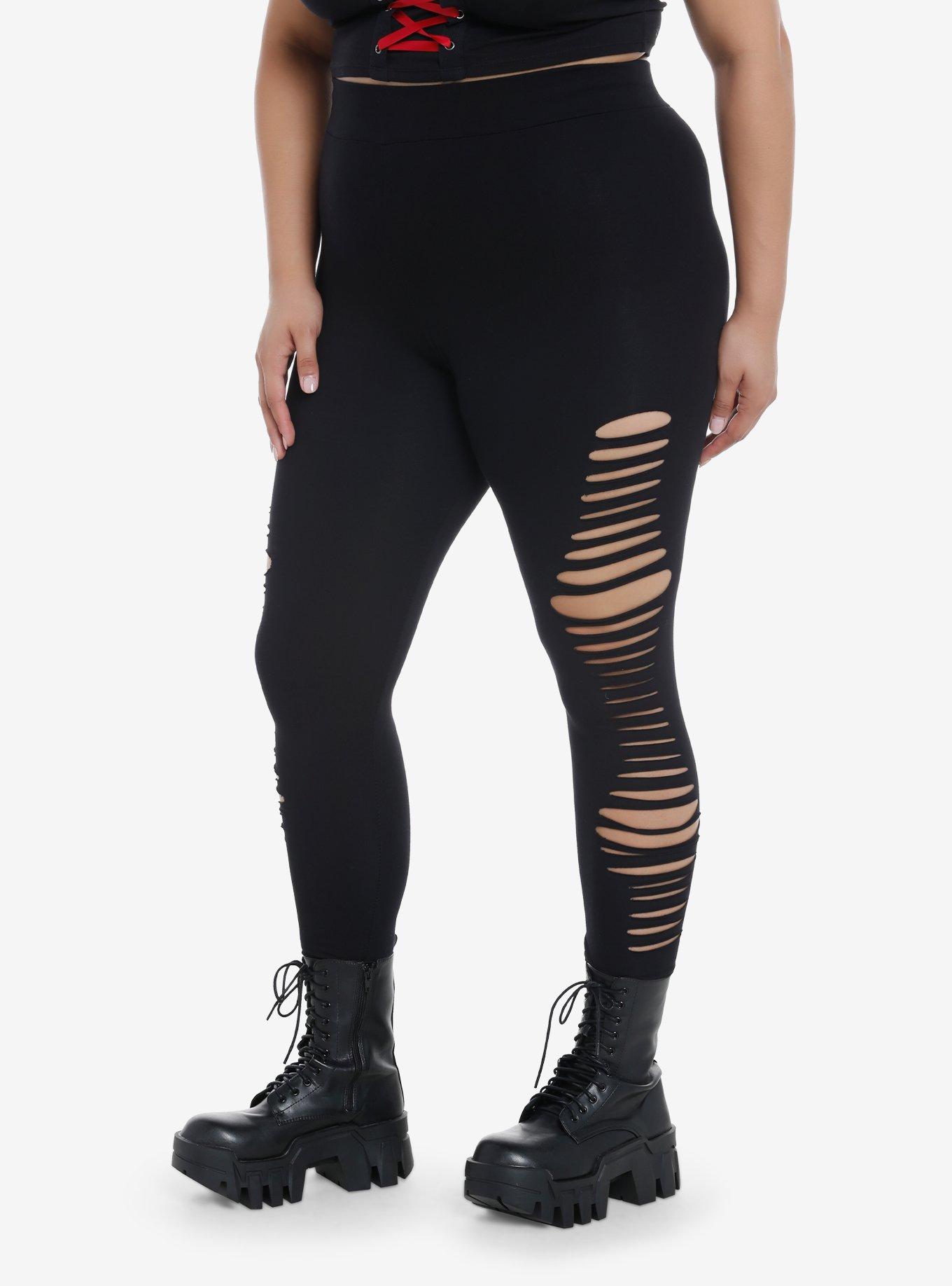 Black Side Shredded Leggings Plus Size, BLACK, alternate