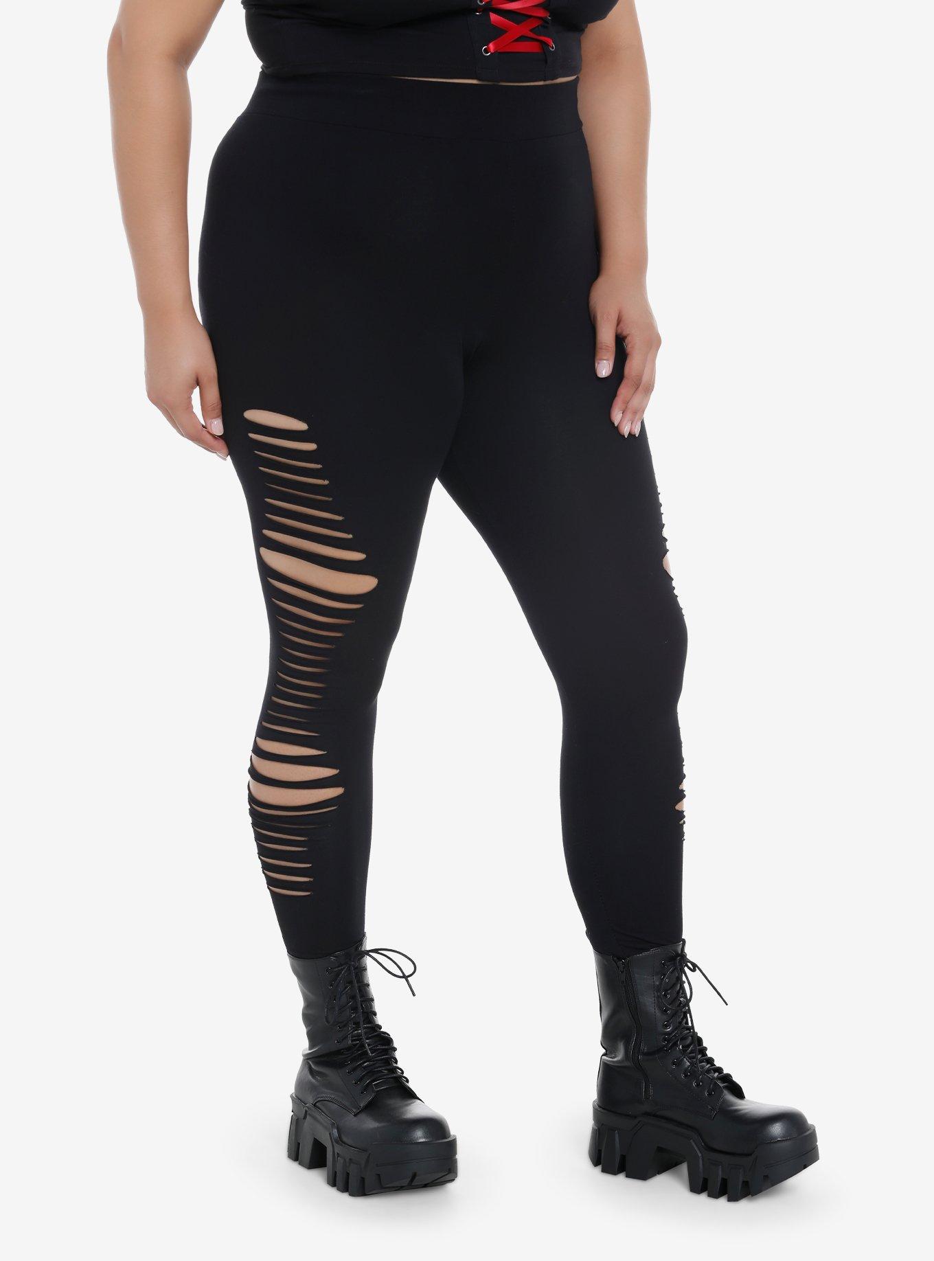 Black Side Shredded Leggings Plus Size, BLACK, alternate