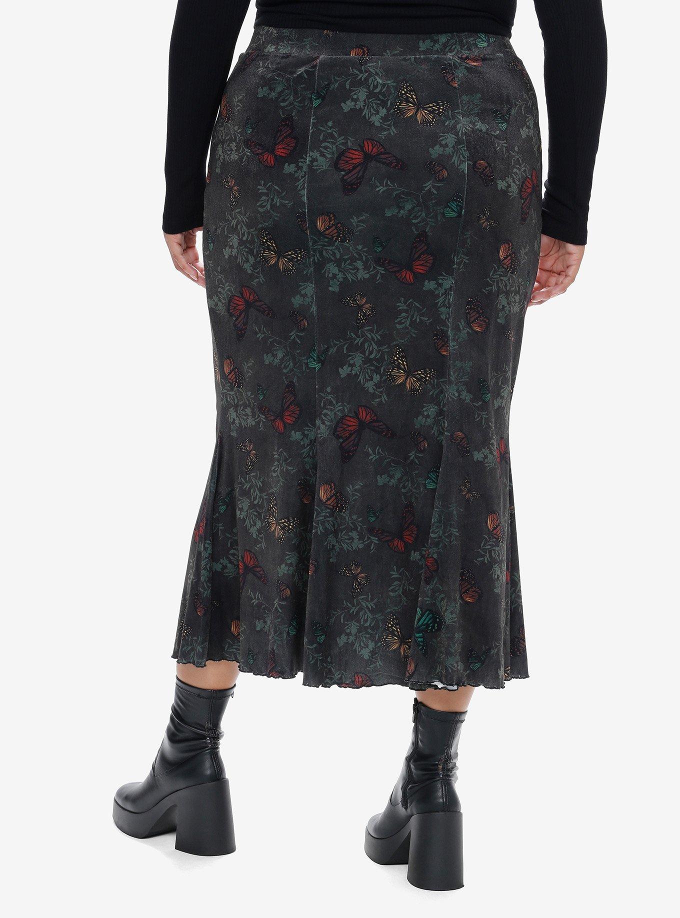 Thorn & Fable Butterfly Velvet Mermaid Midi Skirt Plus Size, , hi-res