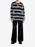 Black & Grey Stripe Star Girls Oversized Boxy Knit Sweater, BLACK, alternate