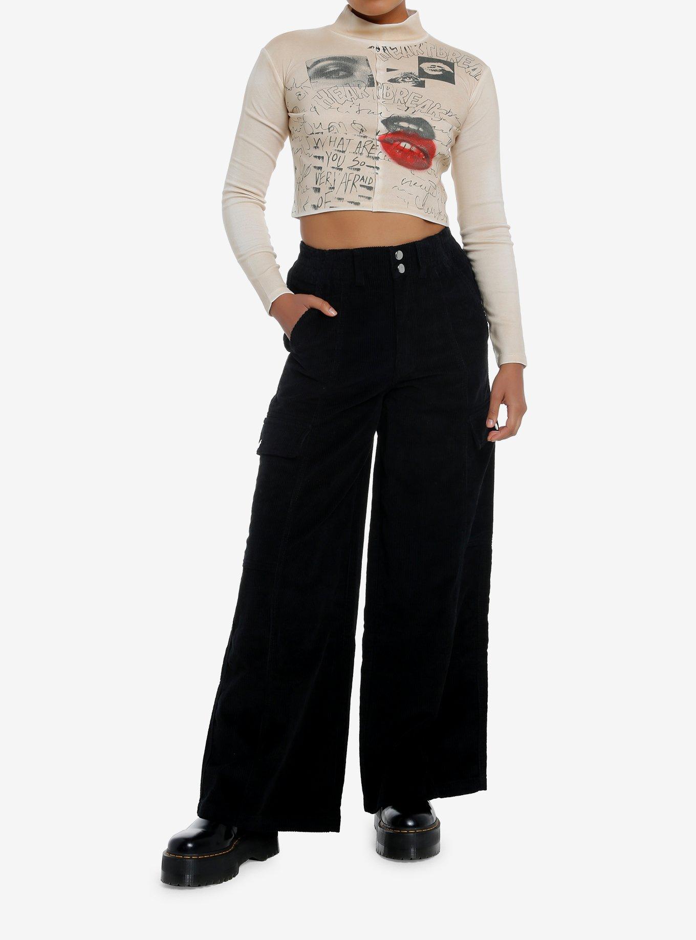 Social Collision Heartbreak Scribbles Tan Mock Neck Girls Long-Sleeve Top, BLACK, alternate