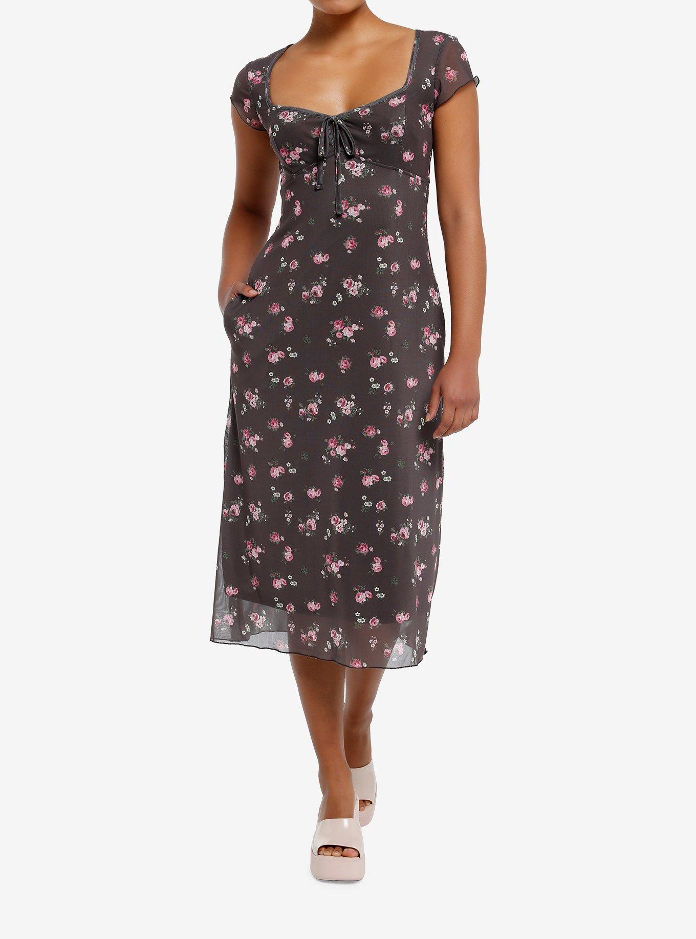 Thorn & Fable Brown Pink Roses Midaxi Dress, , hi-res