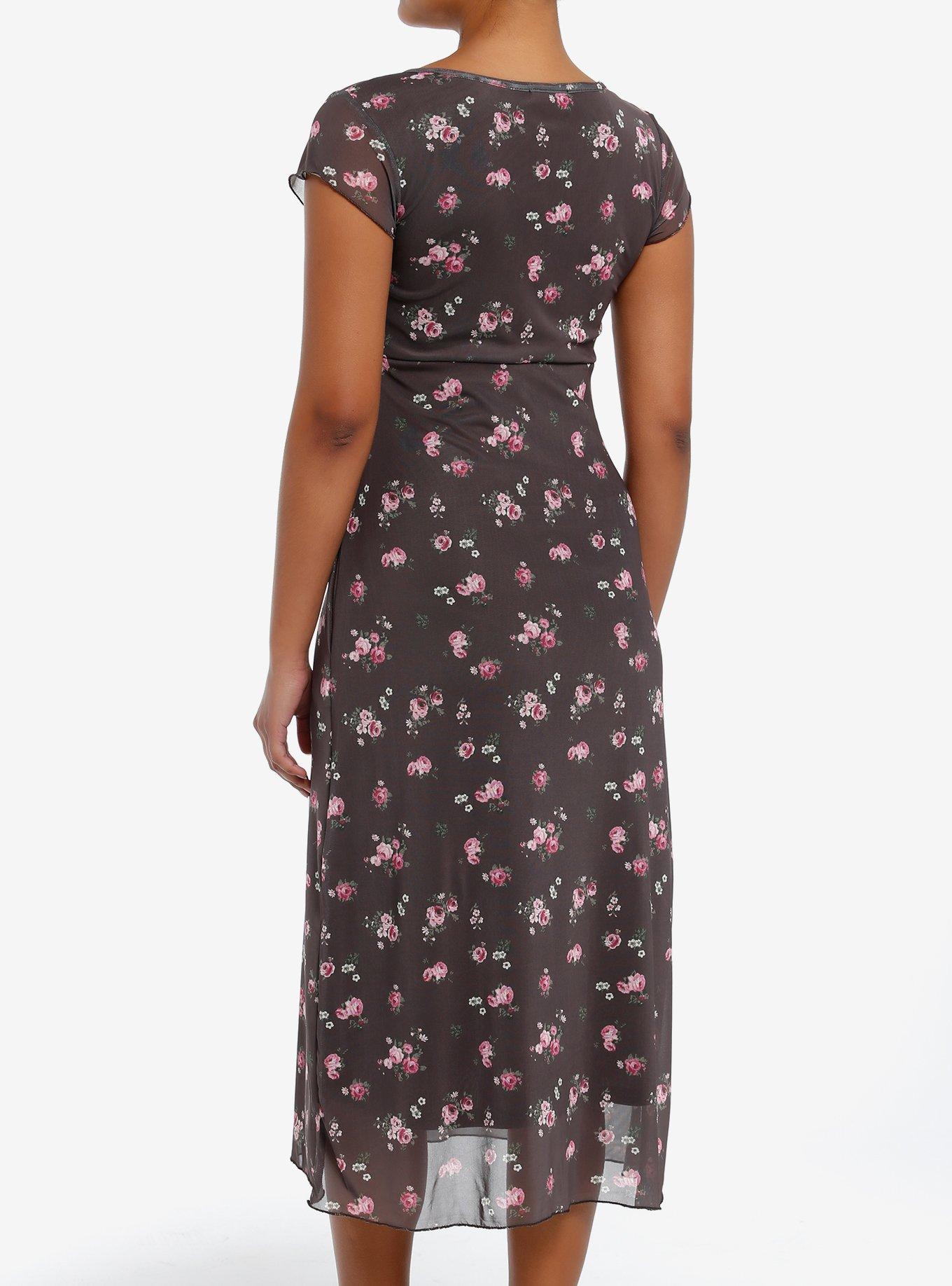 Thorn & Fable Brown Pink Roses Midaxi Dress, PINK, alternate