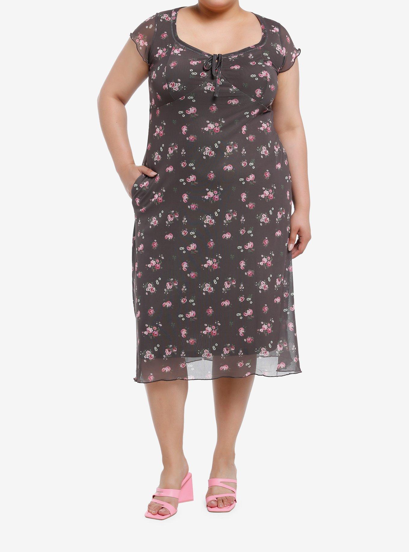 Thorn & Fable Brown Pink Roses Midaxi Dress Plus Size, PINK, alternate