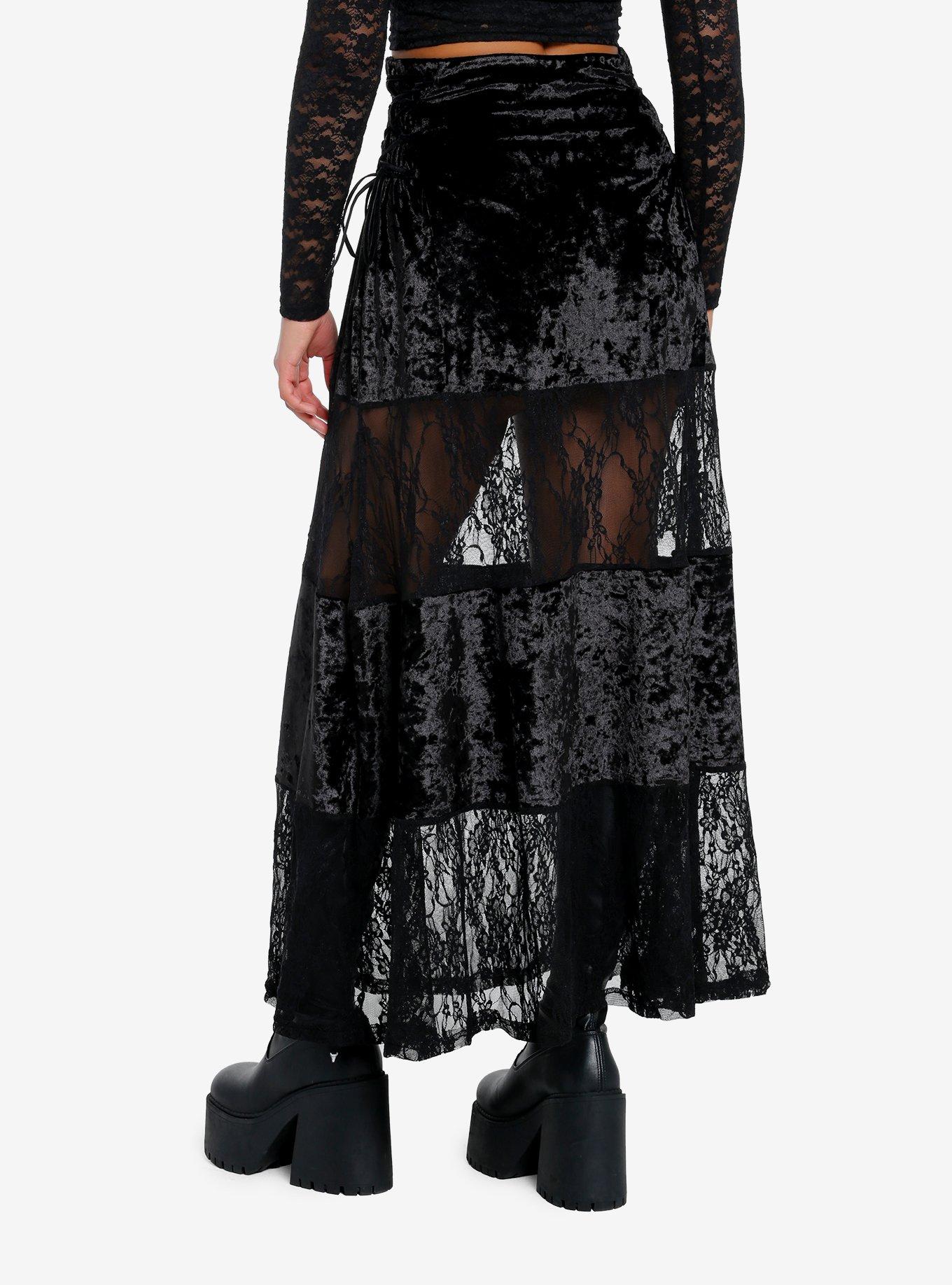 Black Velvet Lace Panel Maxi Skirt, BLACK, alternate