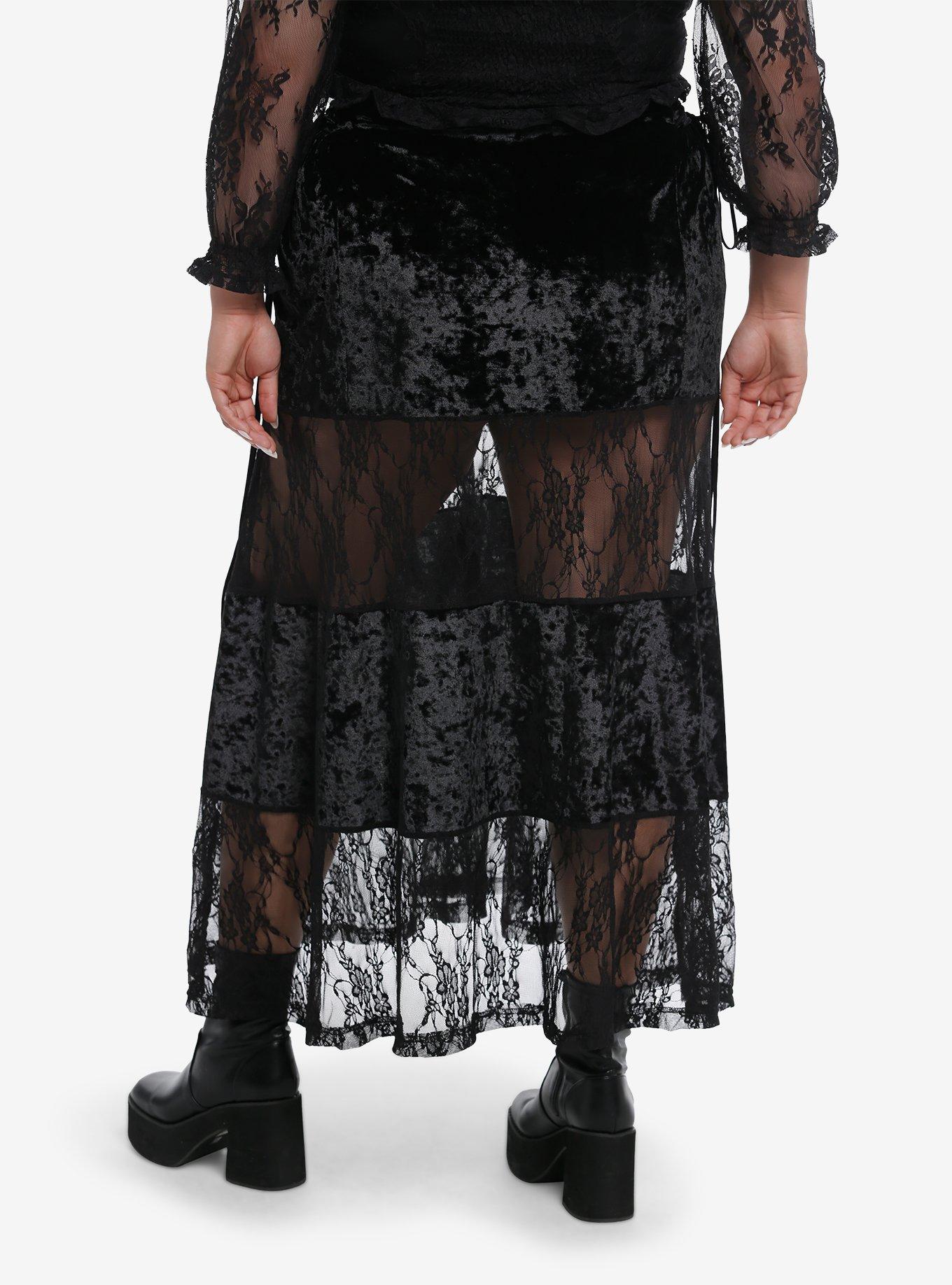 Black Velvet Lace Panel Maxi Skirt Plus Size, , hi-res