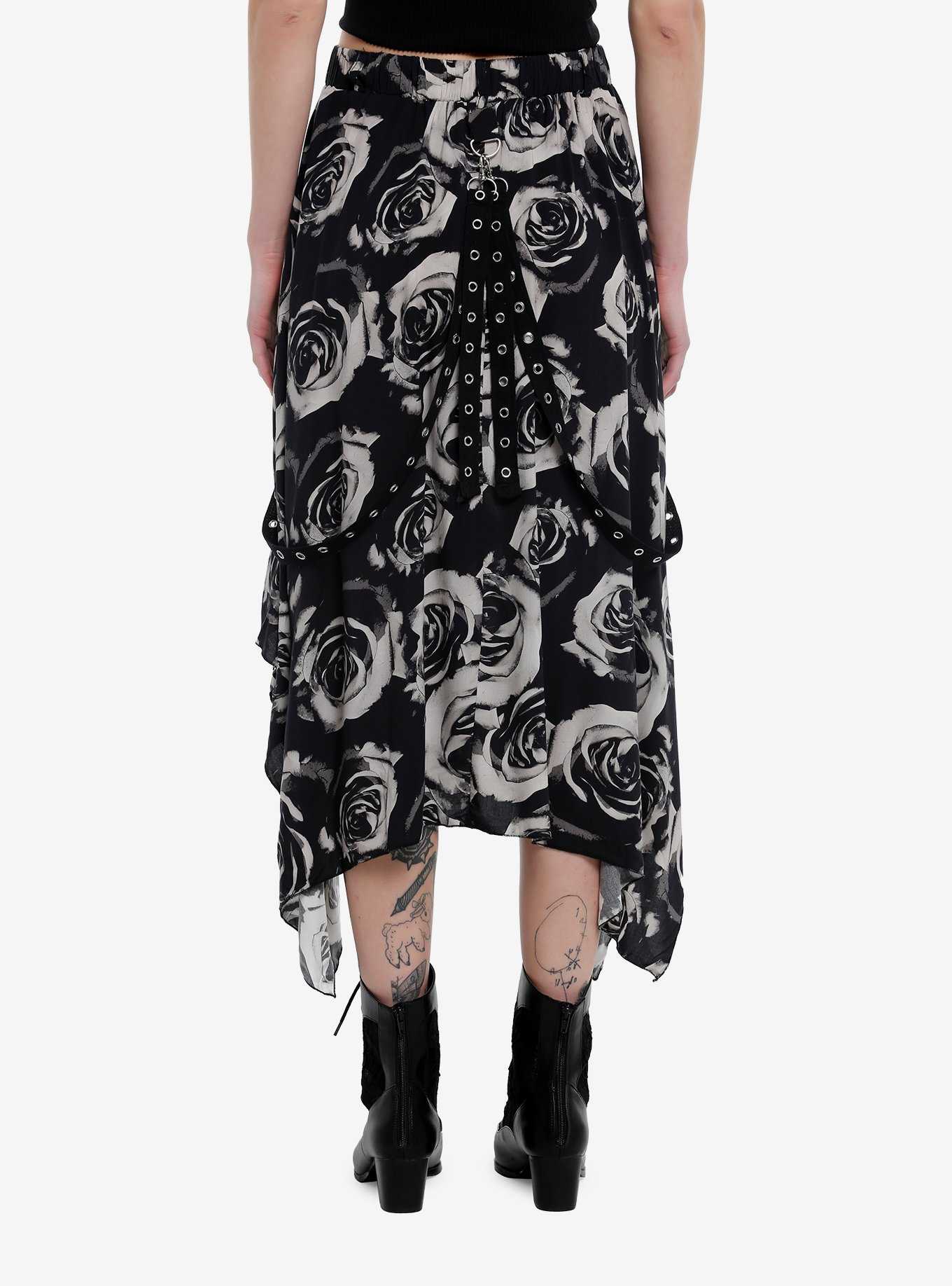 Black & Grey Rose Grommet Hem Hanky Hem Midi Skirt, , hi-res