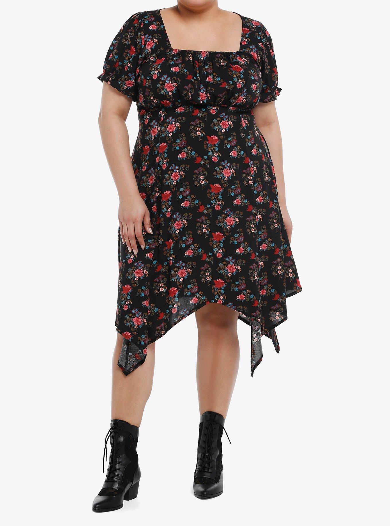 Red & Blue Floral Hanky Hem Dress Plus Size, , hi-res