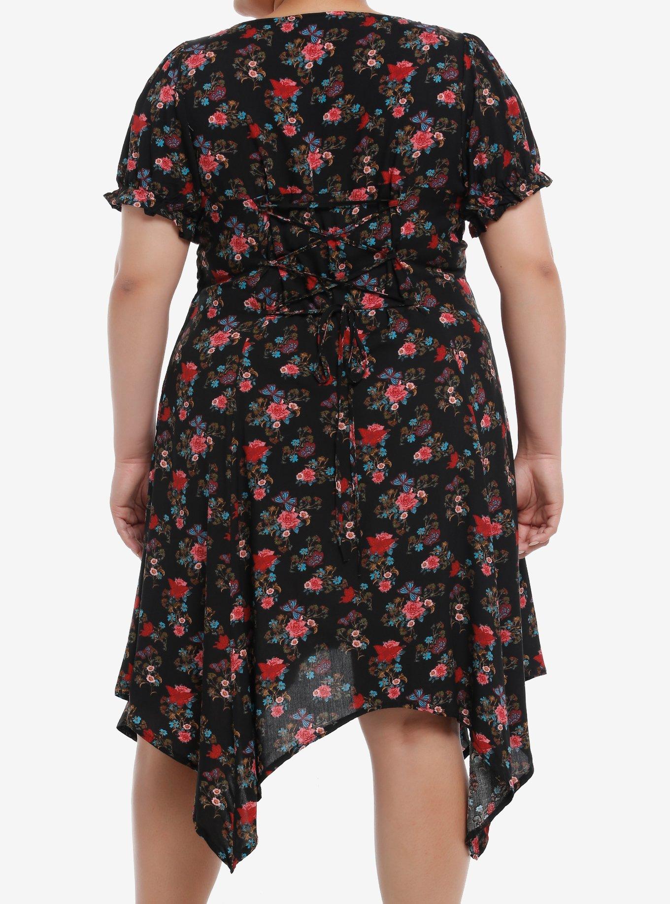 Red & Blue Floral Hanky Hem Dress Plus Size, RED, alternate
