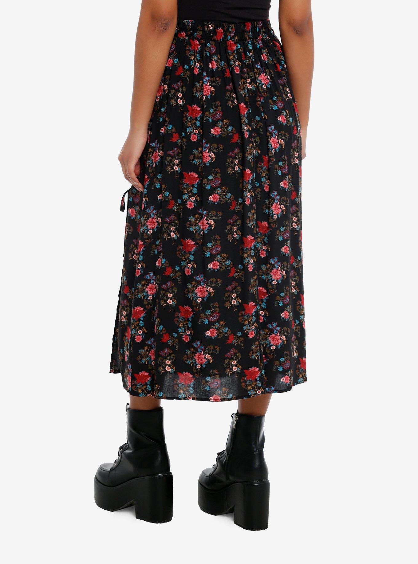 Daisy Street Floral Butterfly Lace-Up Slit Midi Skirt