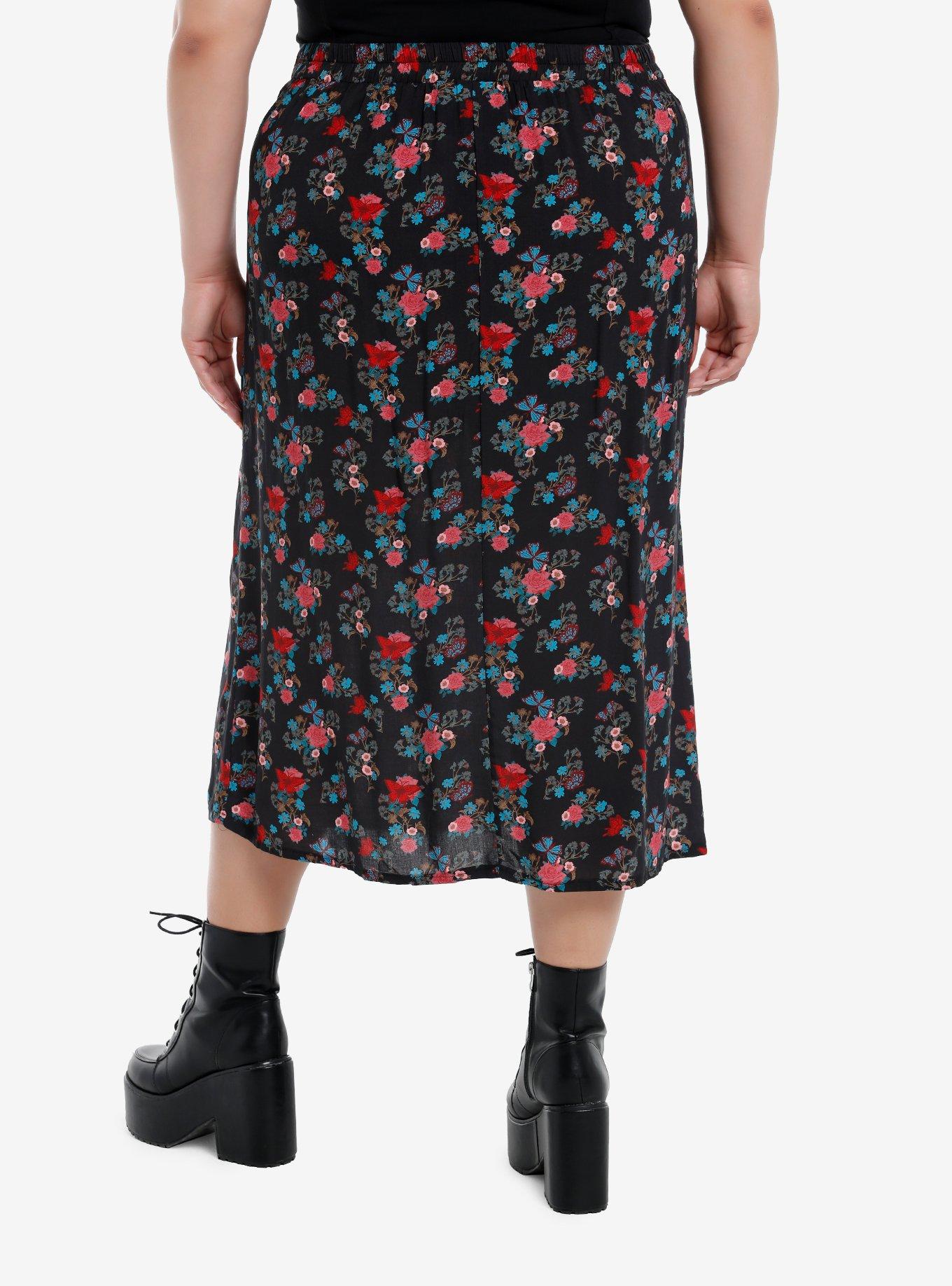 Daisy Street Floral Butterfly Lace-Up Slit Midi Skirt Plus Size, RED, alternate