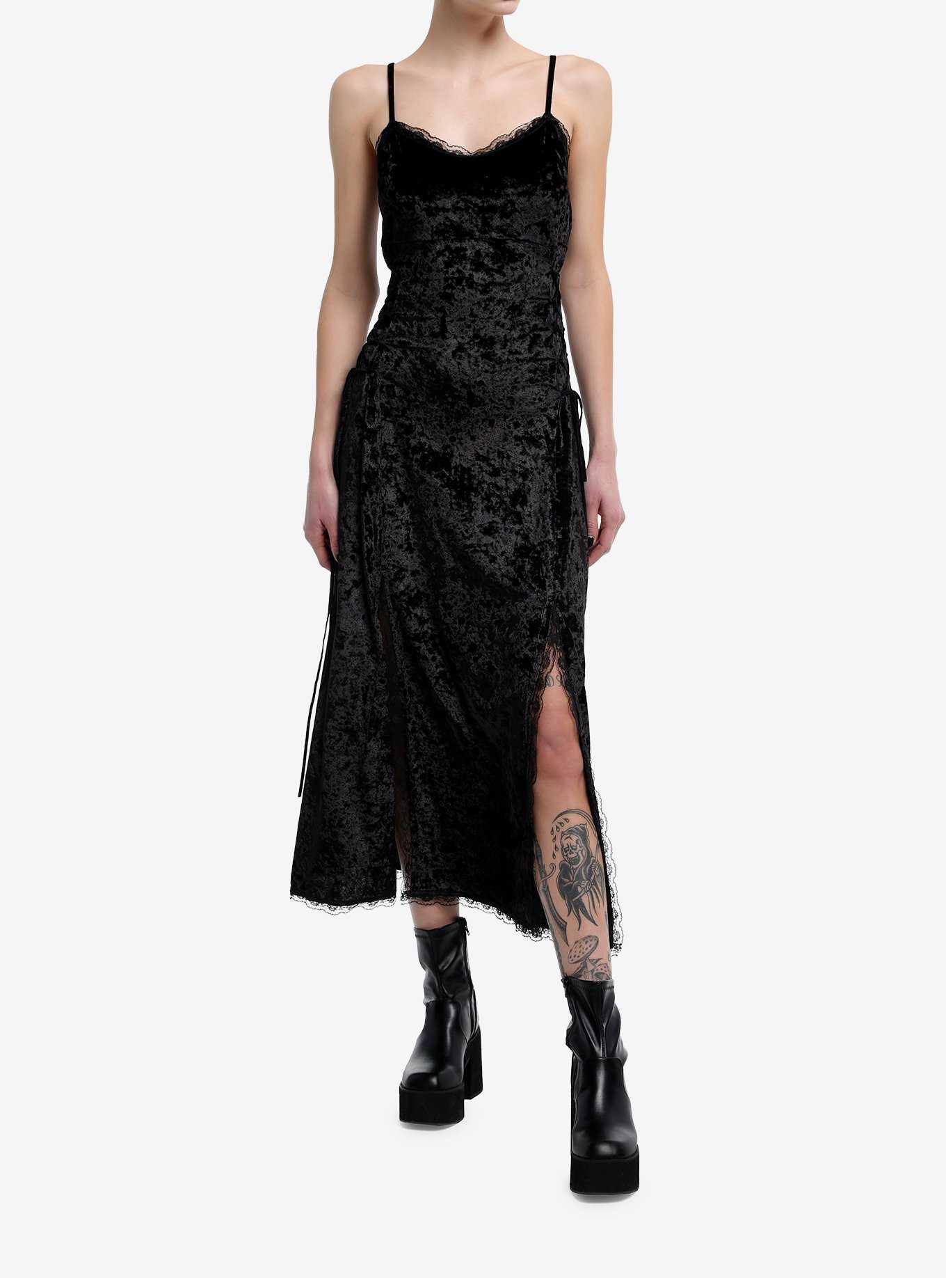Black Velvet Lace-Up Cami Maxi Dress Plus Size, , hi-res