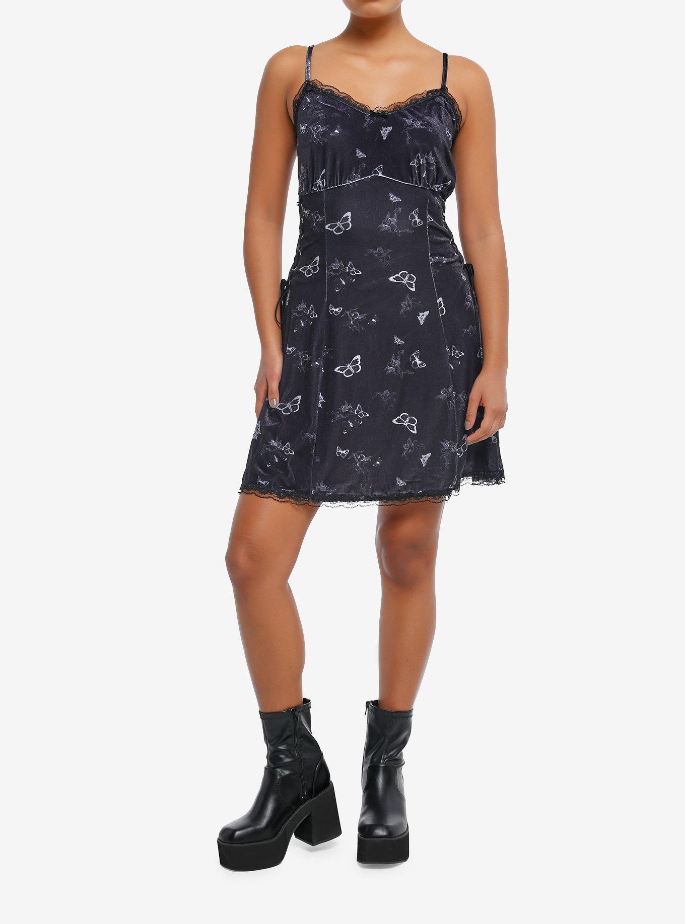 Daisy Street Black Velvet Butterfly Lace-Up Mini Dress, , hi-res