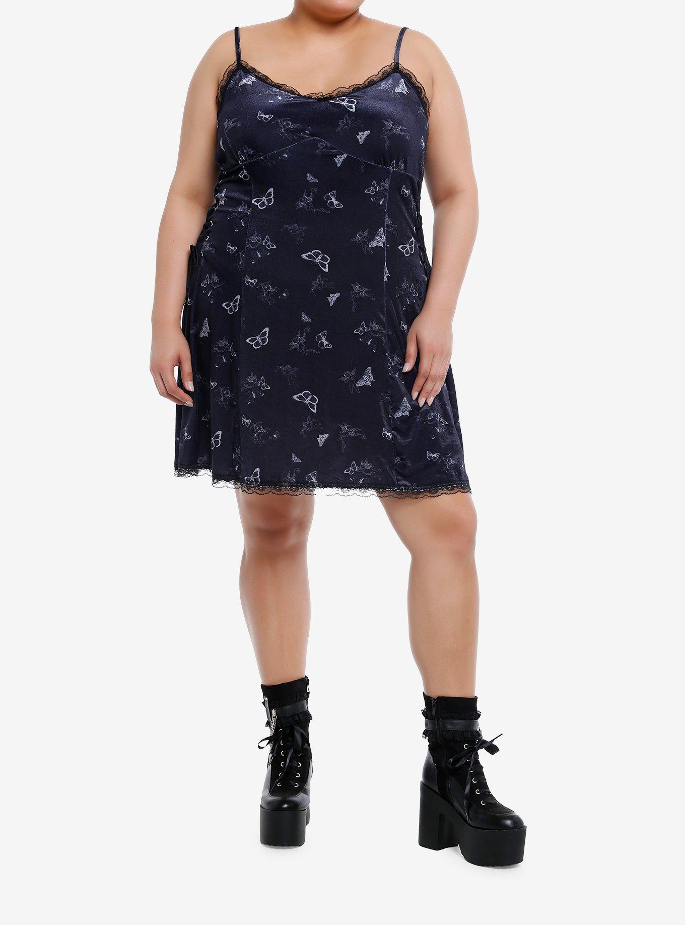 Daisy Street Black Velvet Butterfly Lace-Up Mini Dress Plus Size, , hi-res