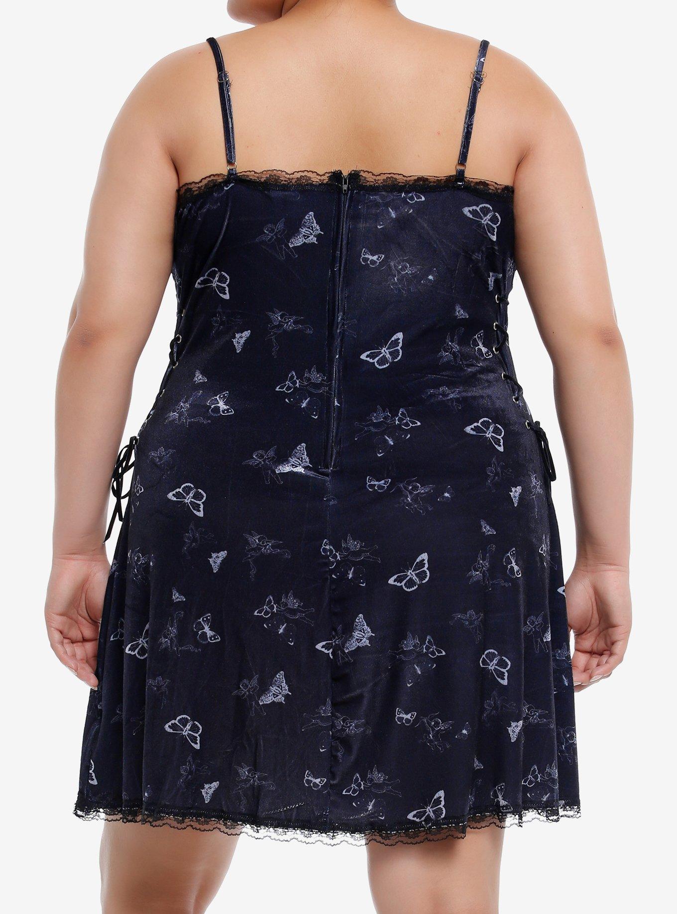 Daisy Street Black Velvet Butterfly Lace-Up Mini Dress Plus Size