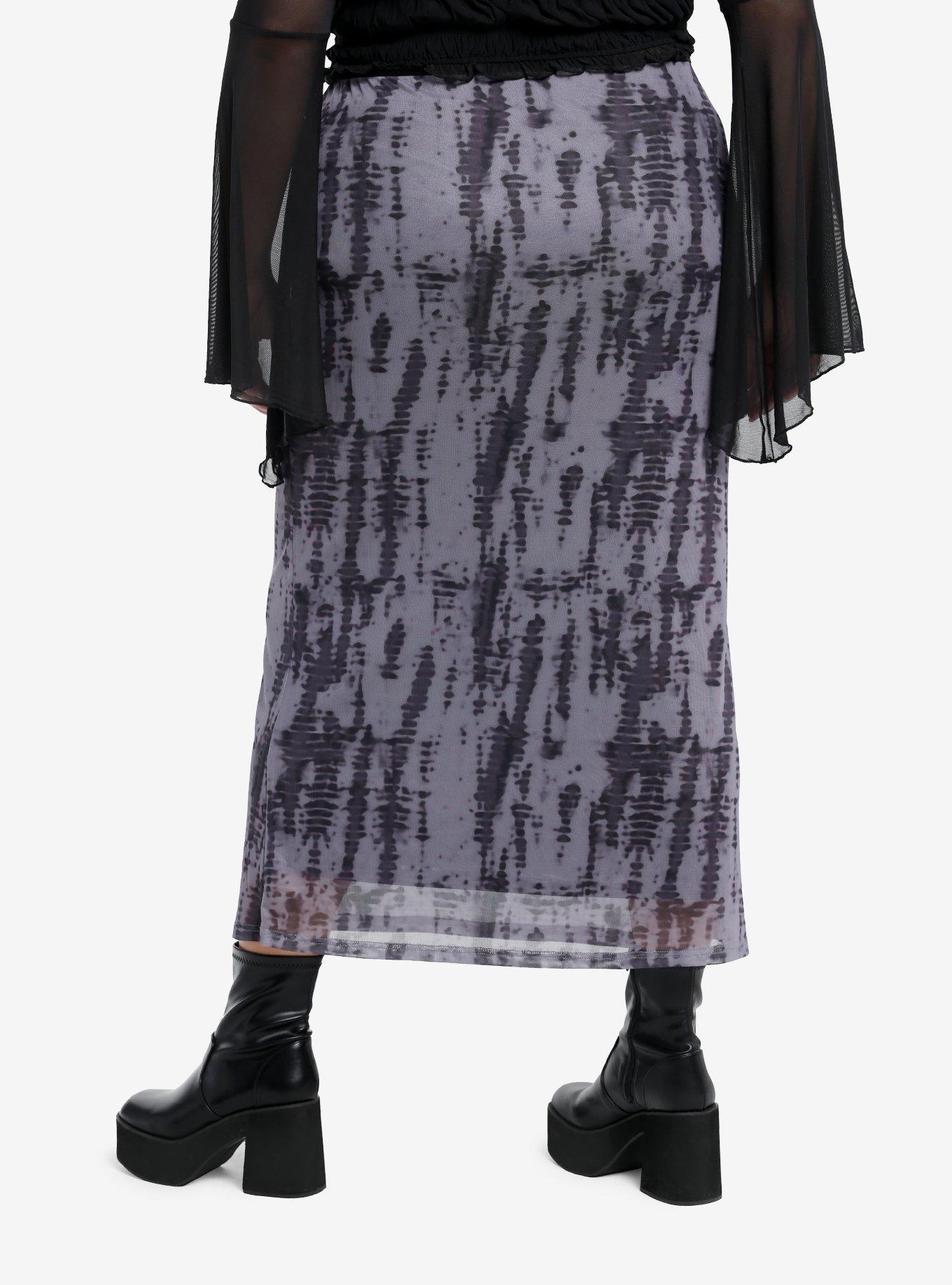 Dark Grey Wash Mesh Midi Skirt Plus Size, , hi-res