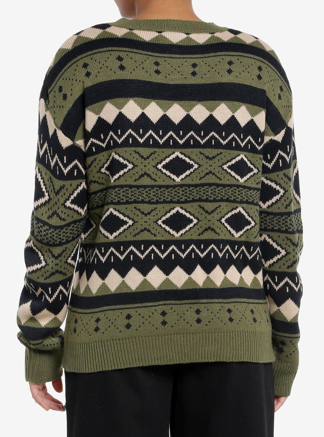 Green Fair Isle Vintage Girls Knit Sweater, , alternate