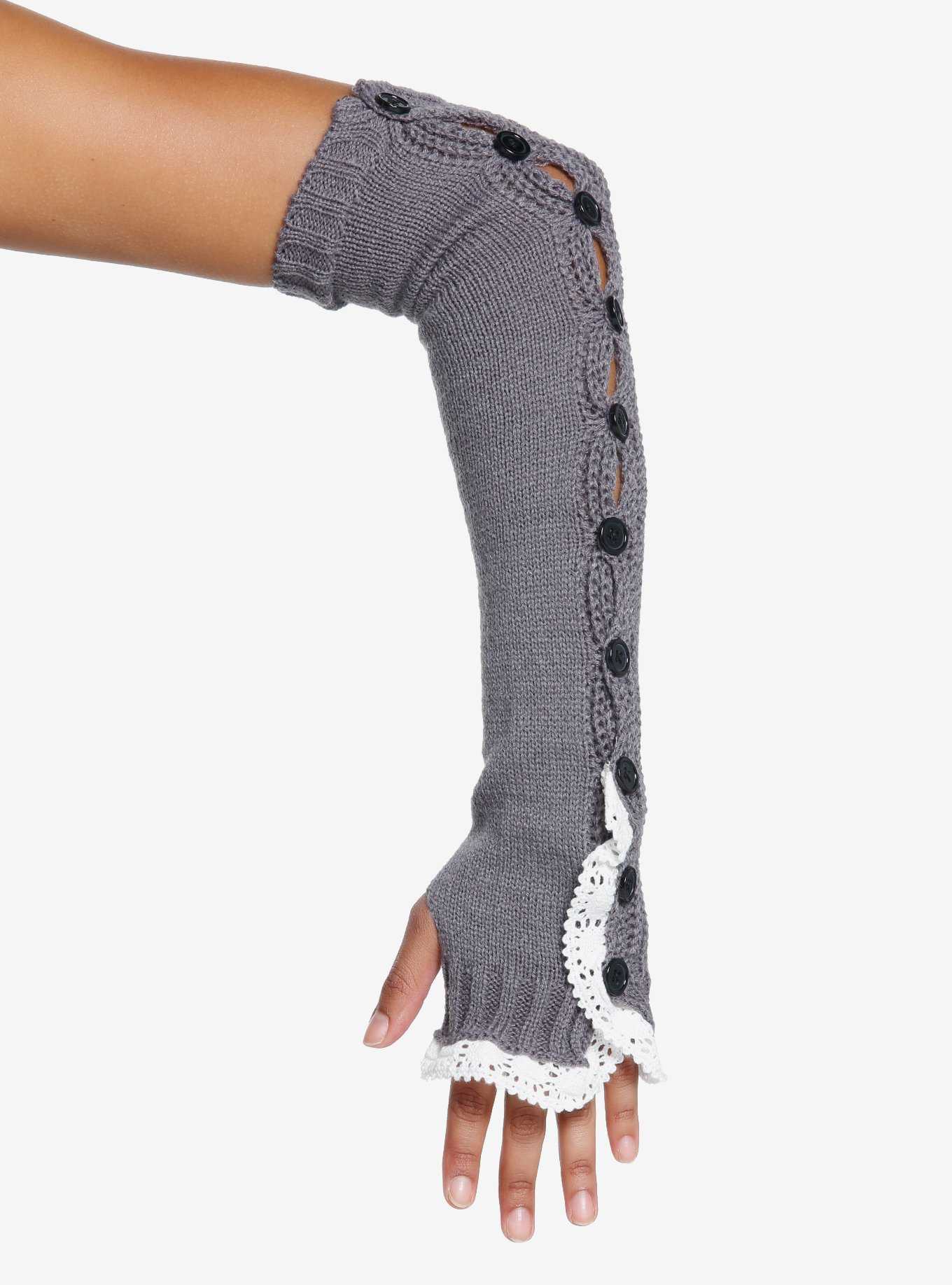 Grey Lace Button Arm Warmers, , hi-res