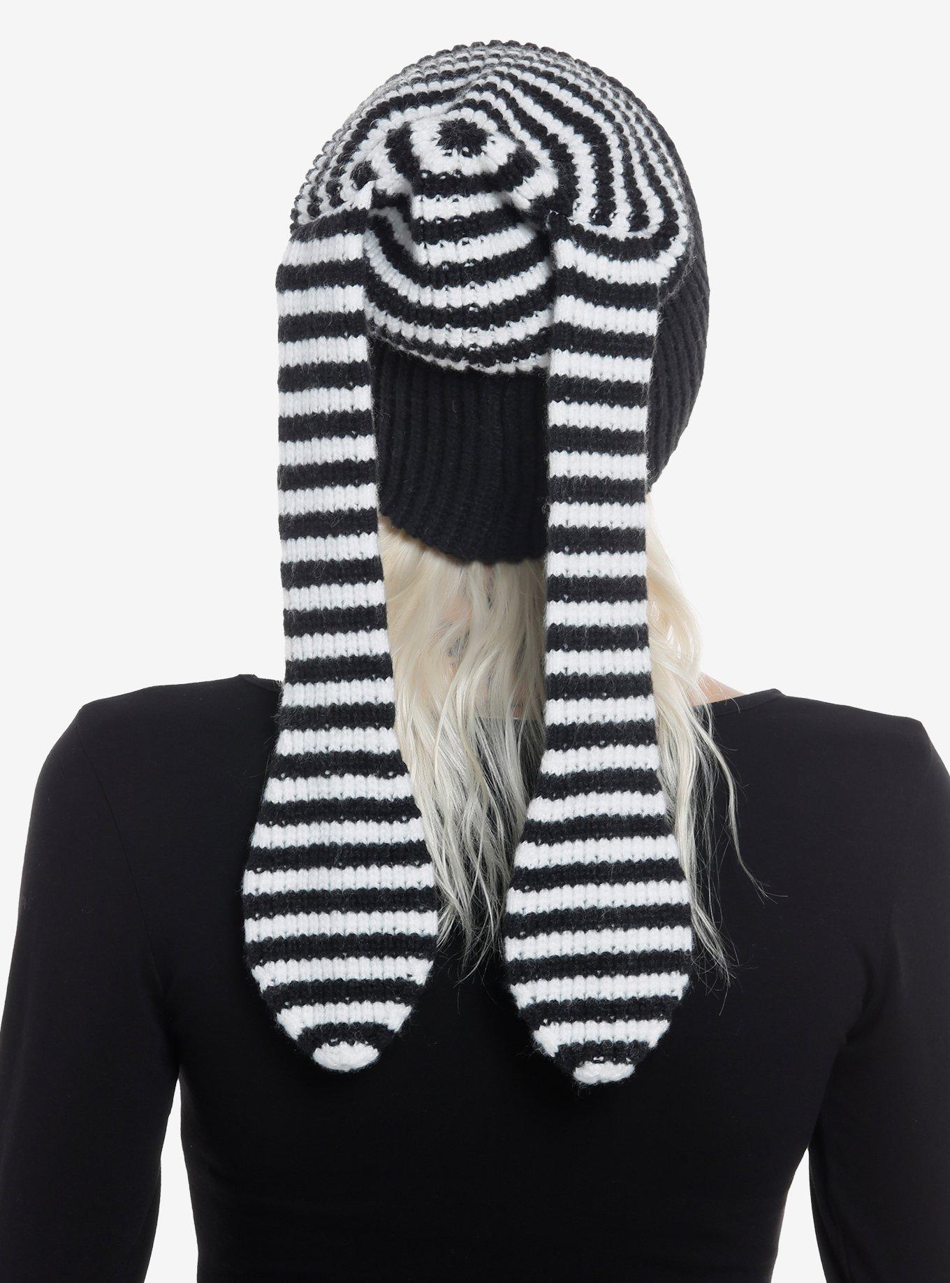 Black & White Stripe Bunny Ear Beanie, , alternate