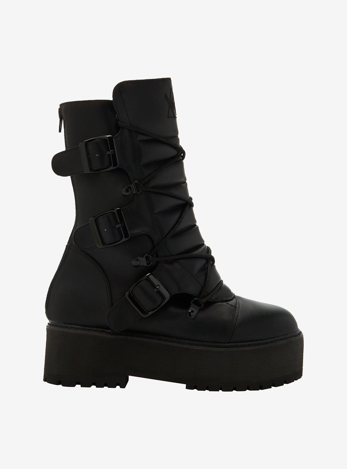 YRU Black Motorcycle Combat Platform Boots, , hi-res