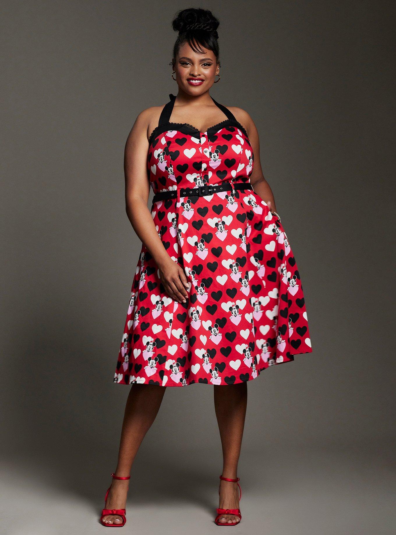 Her Universe Disney Mickey Mouse & Minnie Mouse Hearts Retro Halter Dress Plus Size Her Universe Exclusive, RED  RED BLACK, alternate