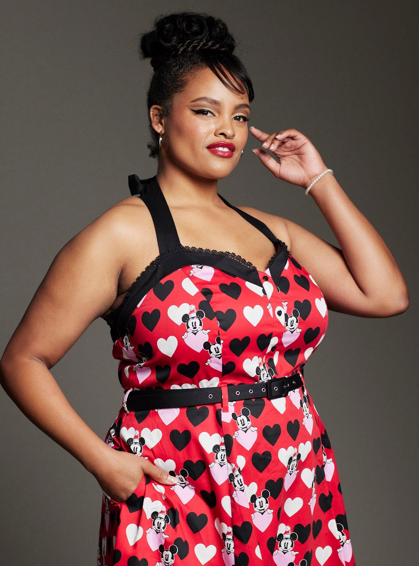 Her Universe Disney Mickey Mouse & Minnie Mouse Hearts Retro Halter Dress Plus Size Her Universe Exclusive, RED  RED BLACK, alternate