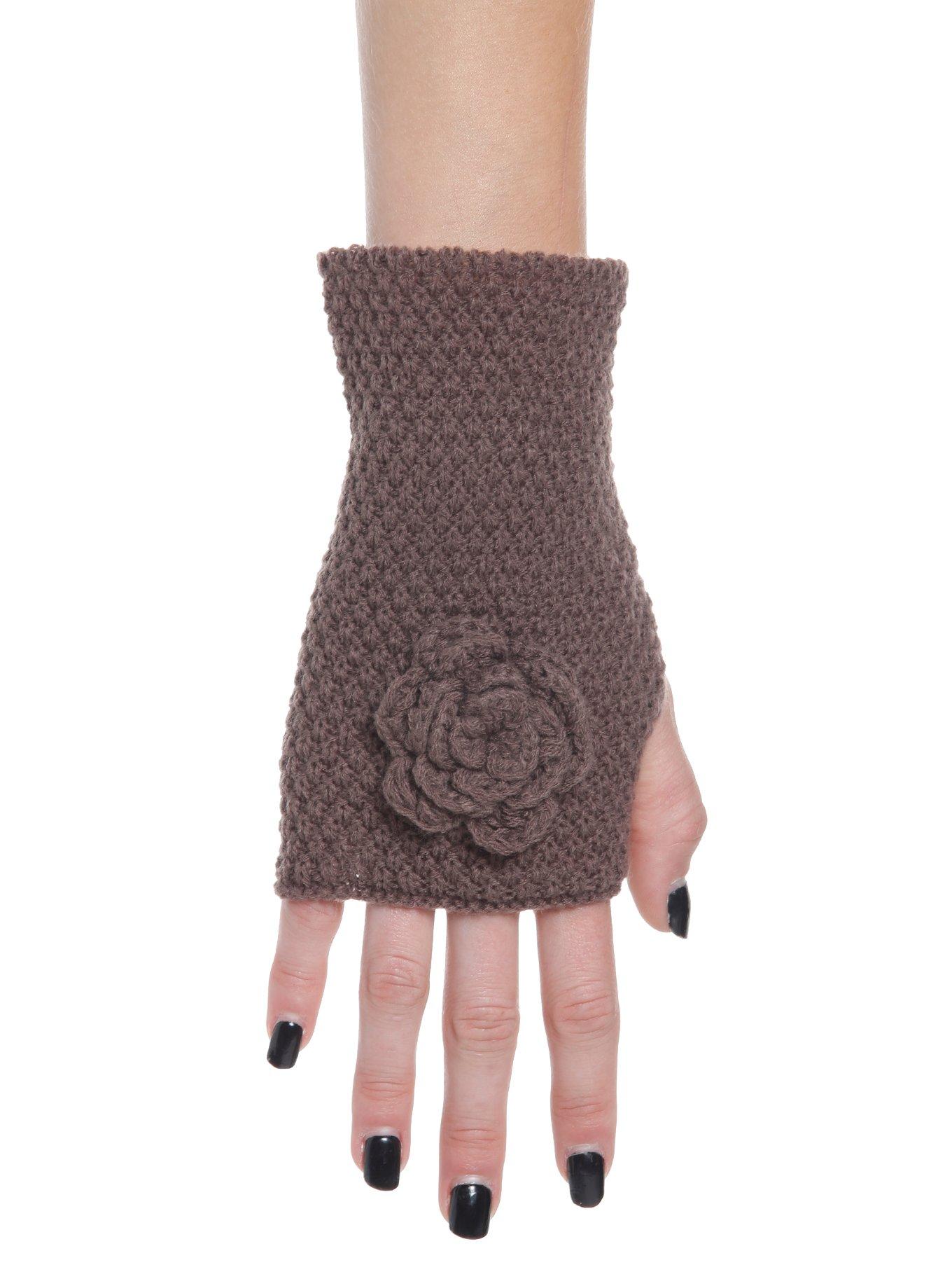 Brown Crochet Rose Fingerless Gloves, , hi-res