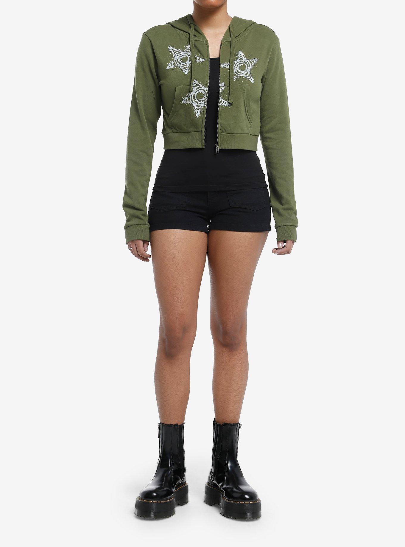 Social Collision Green Spiral Star Girls Crop Hoodie, , hi-res