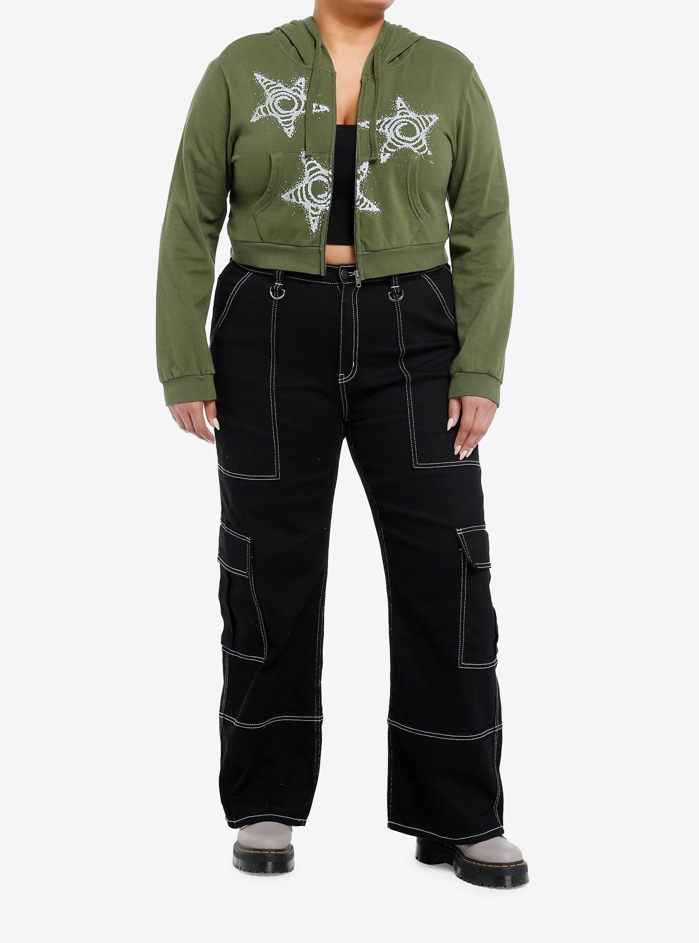 Social Collision Green Spiral Star Girls Crop Hoodie Plus Size, , hi-res