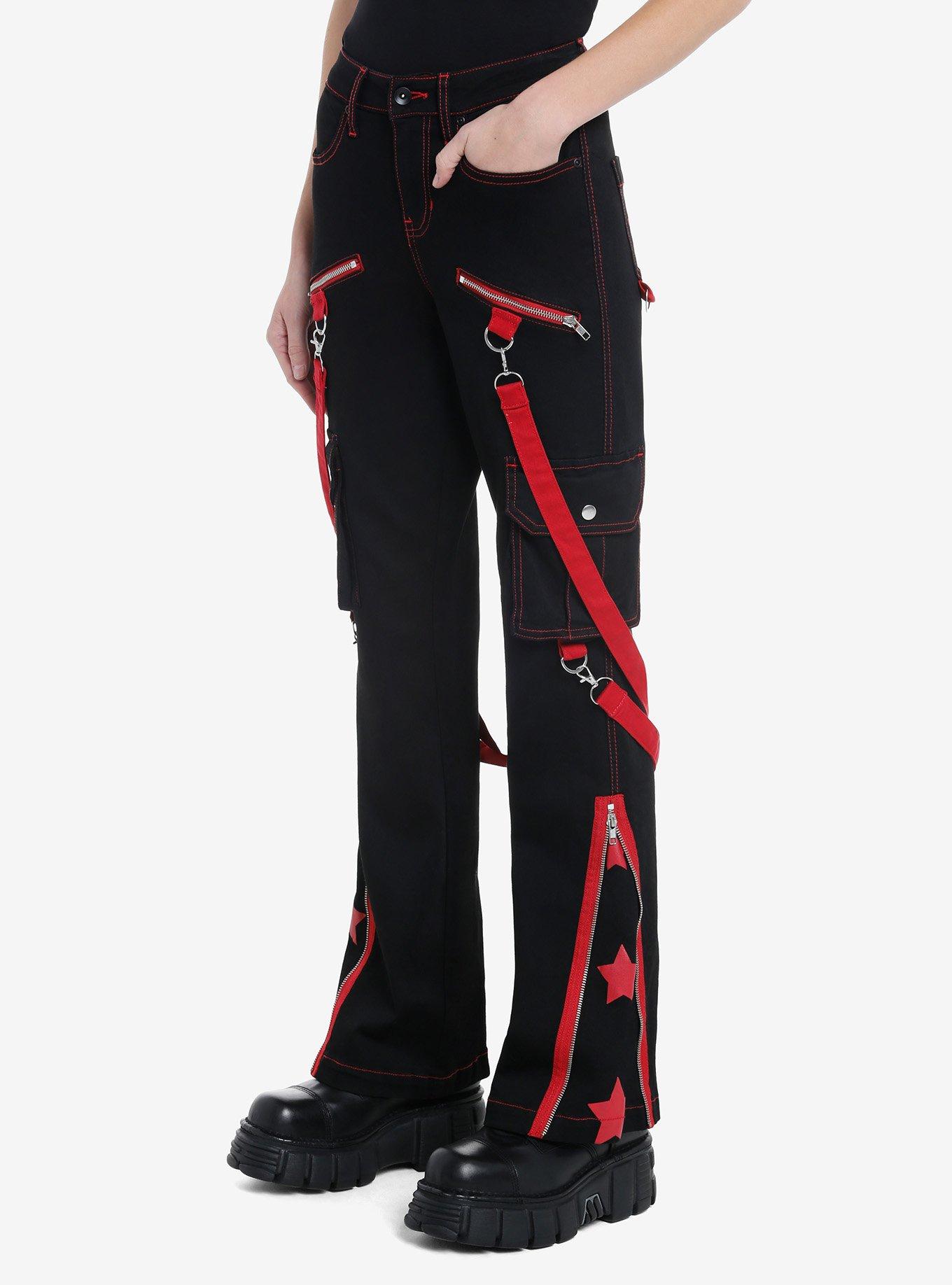 Black & Red Star Suspender Flare Pants, RED, alternate