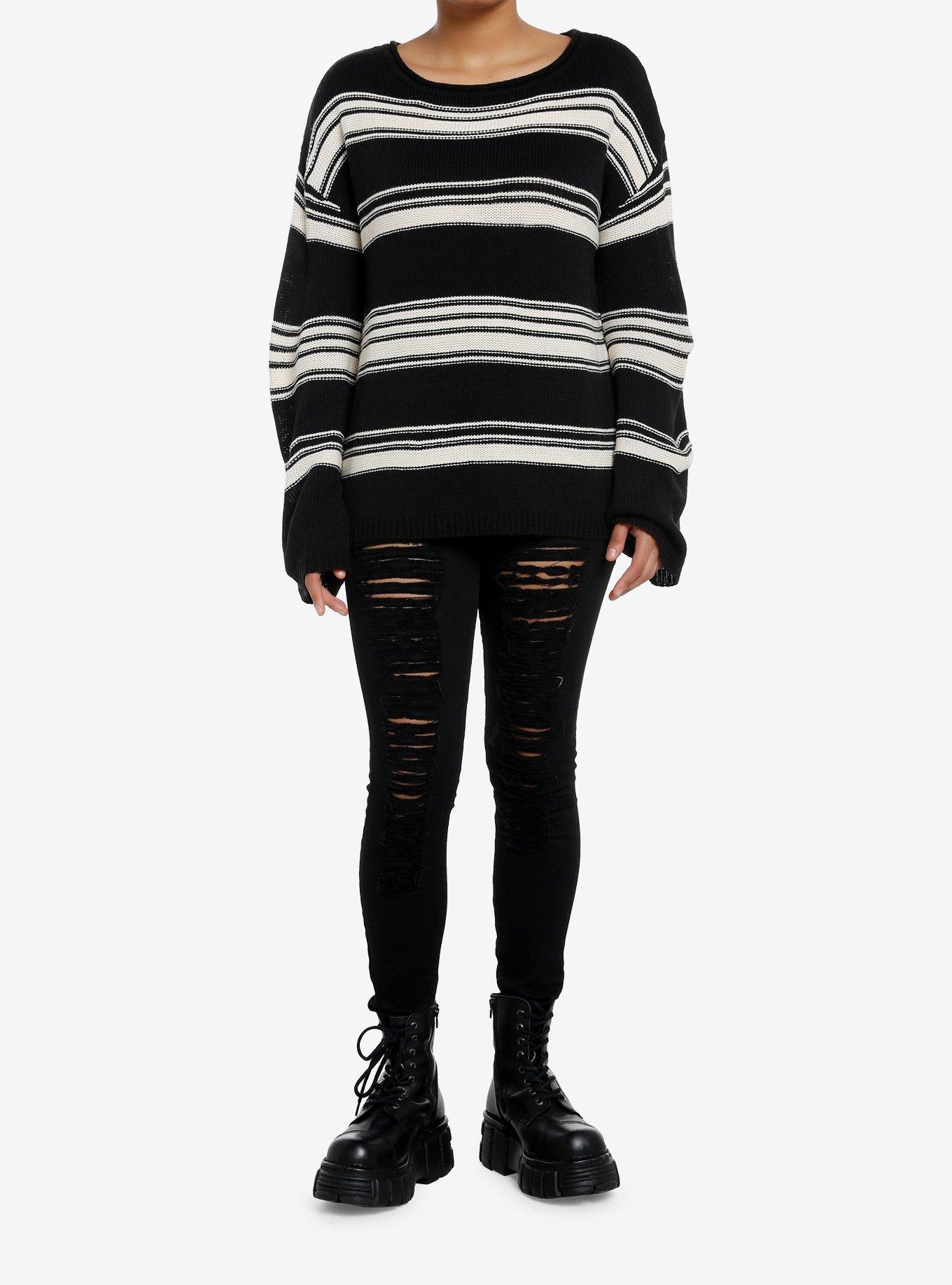 Black & Cream Stripe Boatneck Knit Girls Sweater, , alternate