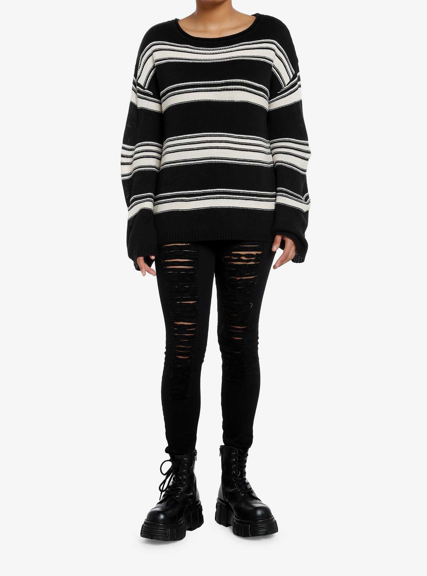 Black & Cream Stripe Boatneck Girls Knit Sweater, , hi-res