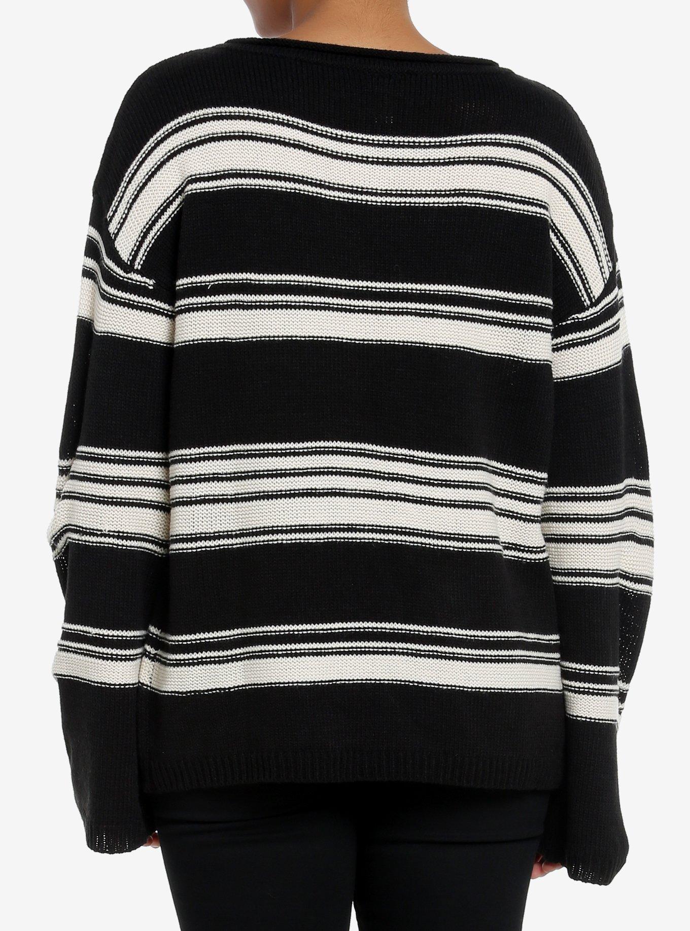Black & Cream Stripe Boatneck Knit Girls Sweater, , alternate