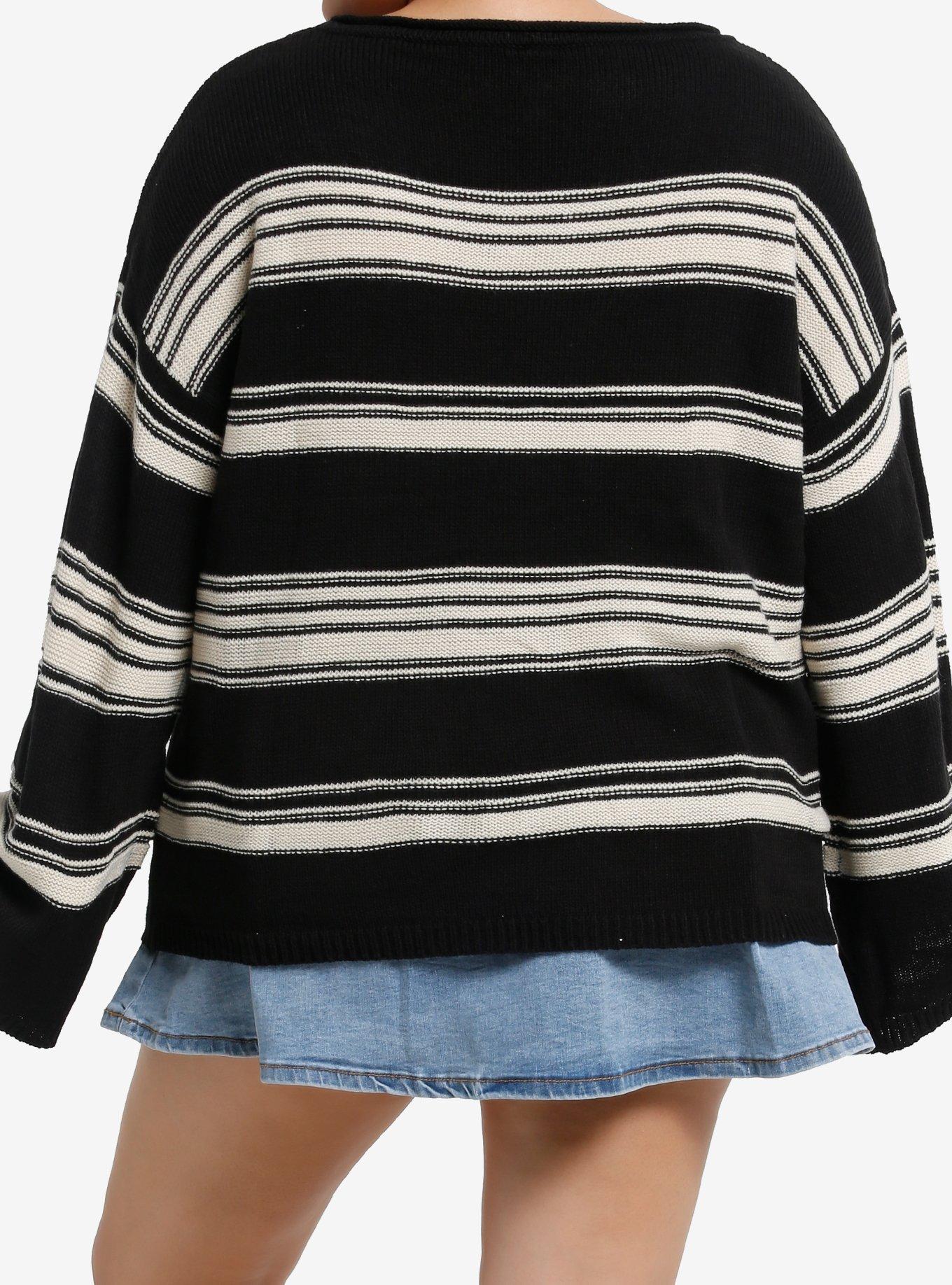 Social Collision Black & Tan Stripe Boatneck Girls Sweater Plus Size, , hi-res