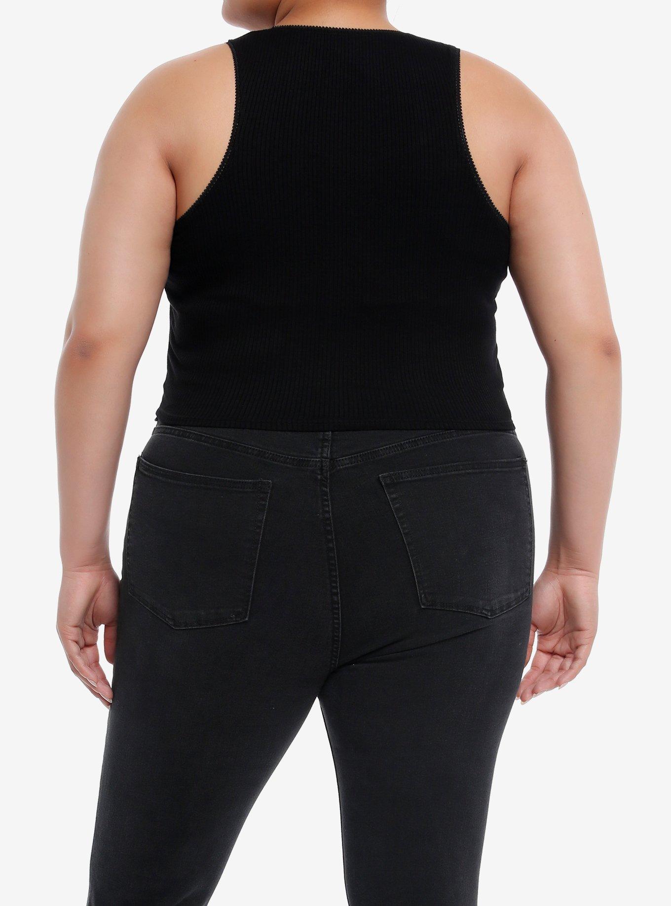 Black Lace Ribbed Girls Tank Top Plus Size, BLACK, alternate