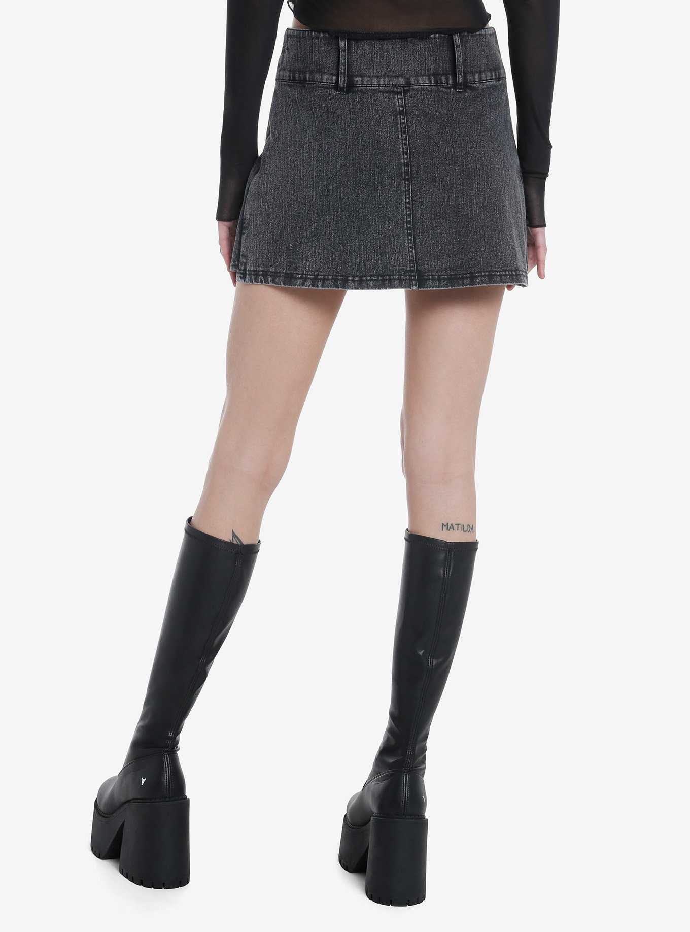Social Collision Black Washed Denim Belted Skirt With Shorts, , hi-res