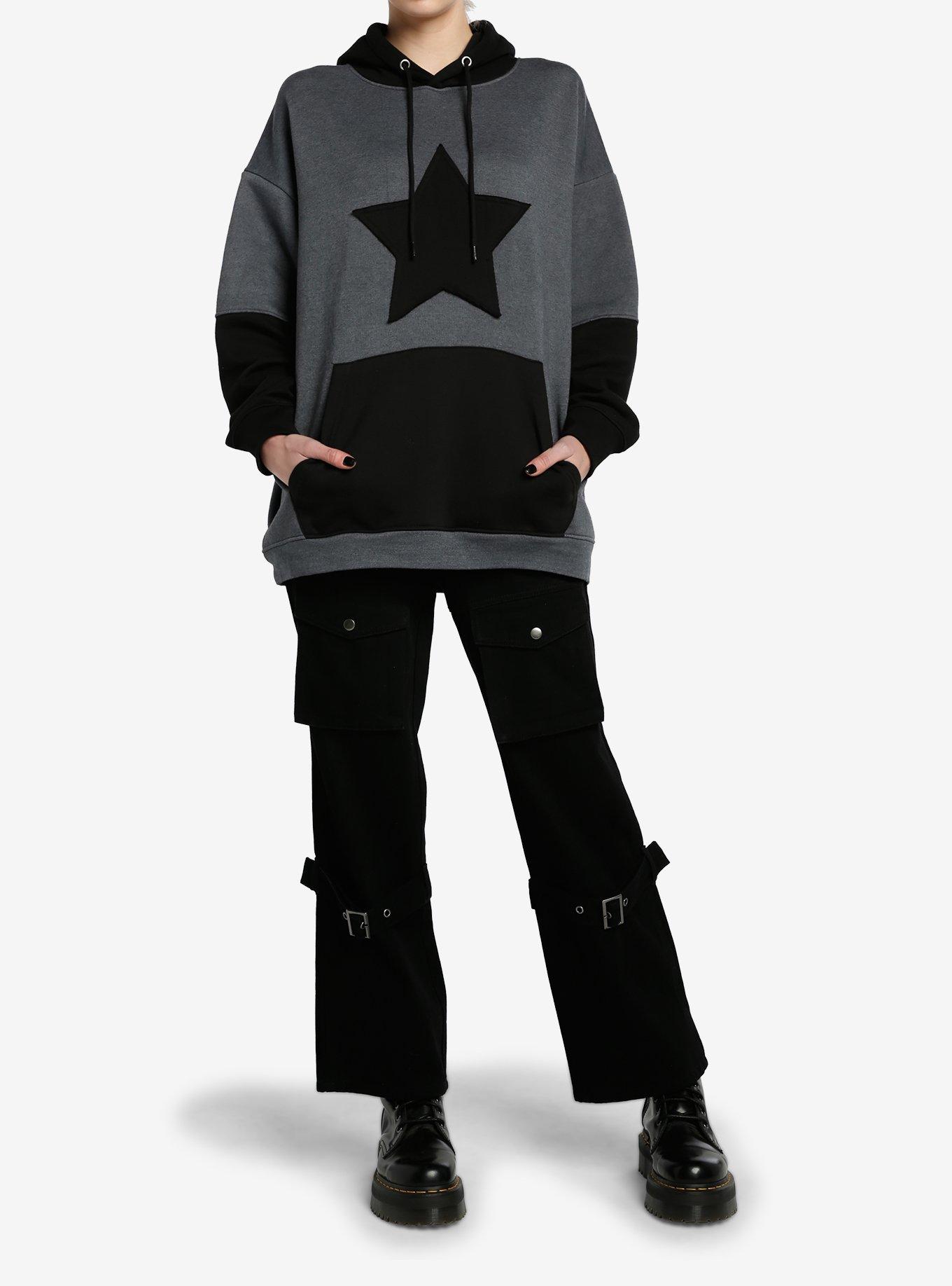 Black & Grey Star Color-Block Girls Oversized Hoodie, BLACK, alternate