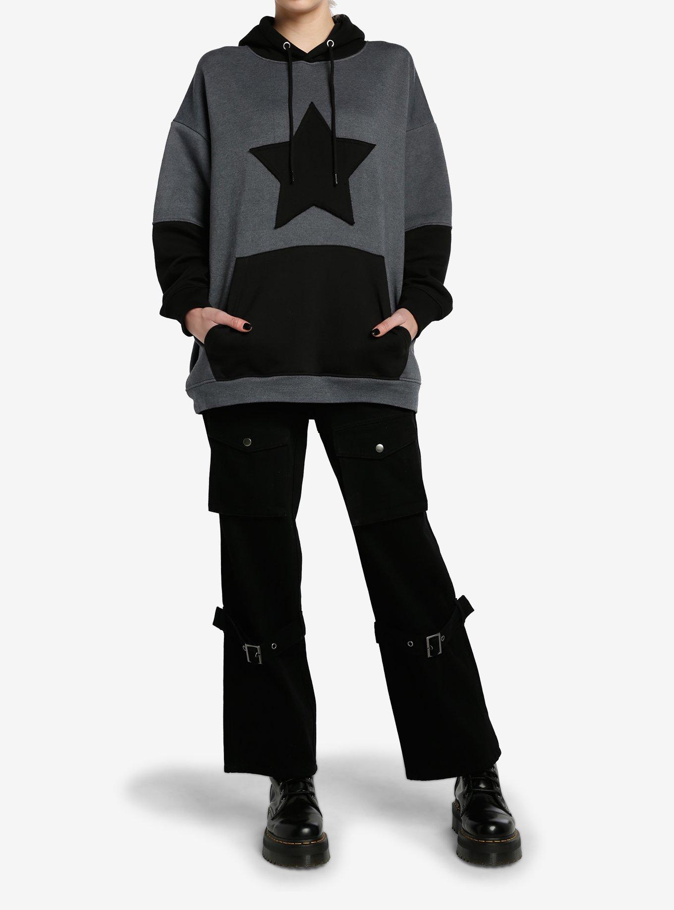 Black & Grey Star Color-Block Girls Oversized Hoodie, , hi-res