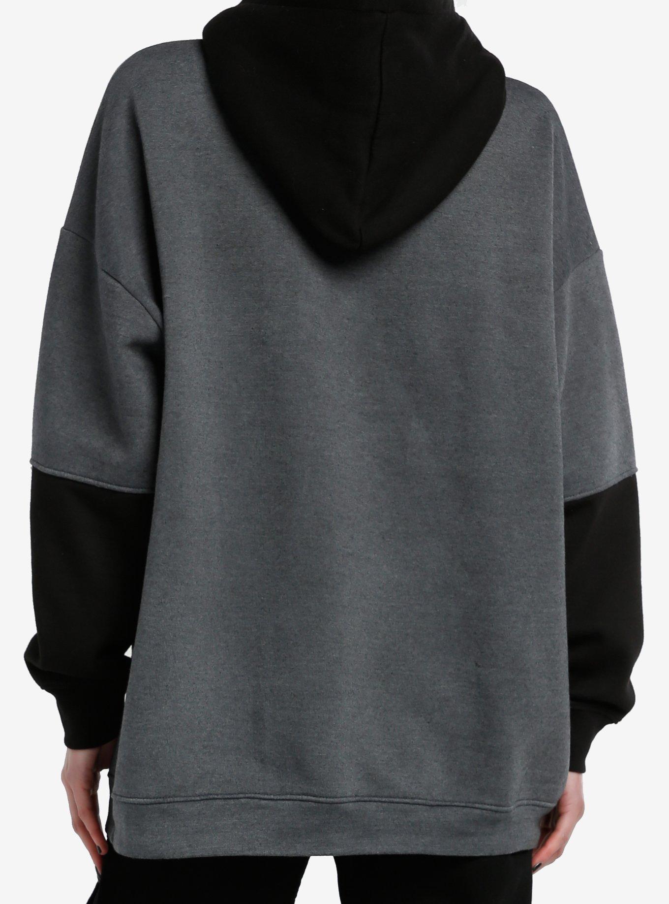Black & Grey Star Color-Block Girls Oversized Hoodie, BLACK, alternate