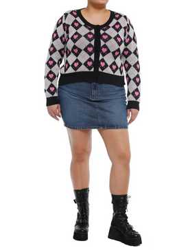 Black & Grey Argyle Heart Girls Cardigan Plus Size, , hi-res